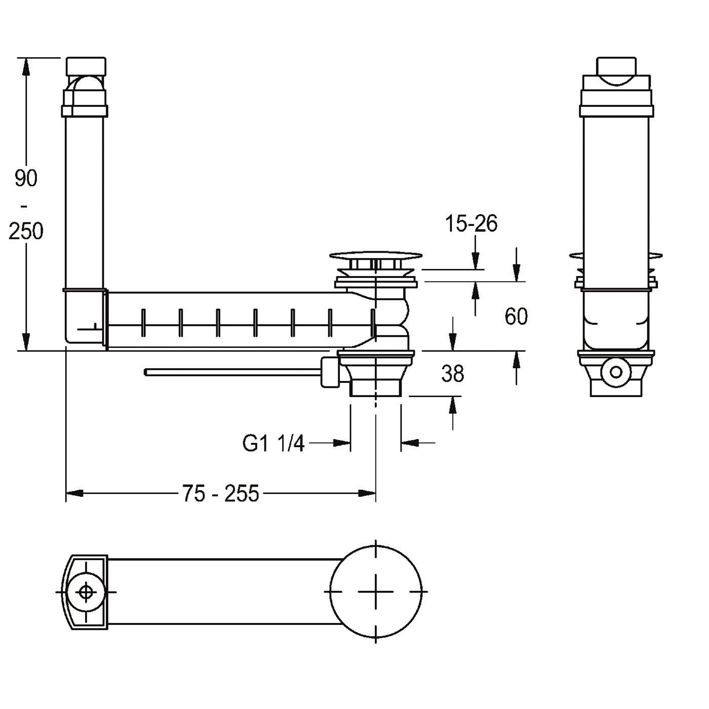 Technische Zeichnung einer Rohreinheit mit Seiten- und Vorderansicht, die verstellbare Abmessungen mit den Bezeichnungen 90-250, 75-255, 15-26, 60, 38 und G1 1/4 zeigt.