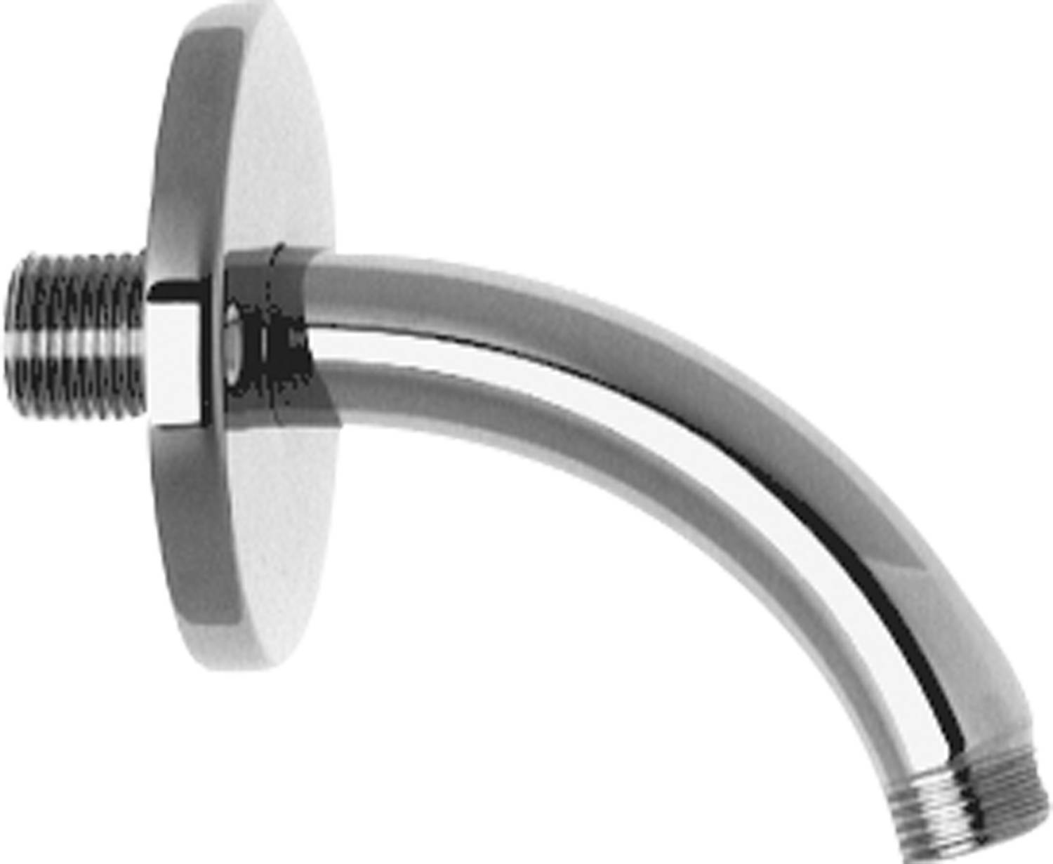 Eine Nahaufnahme eines verchromten Duscharms und eines Flanschs vor schwarzem Hintergrund, die eine geschwungene, polierte Metalloberfläche und Gewindedetails zeigt.