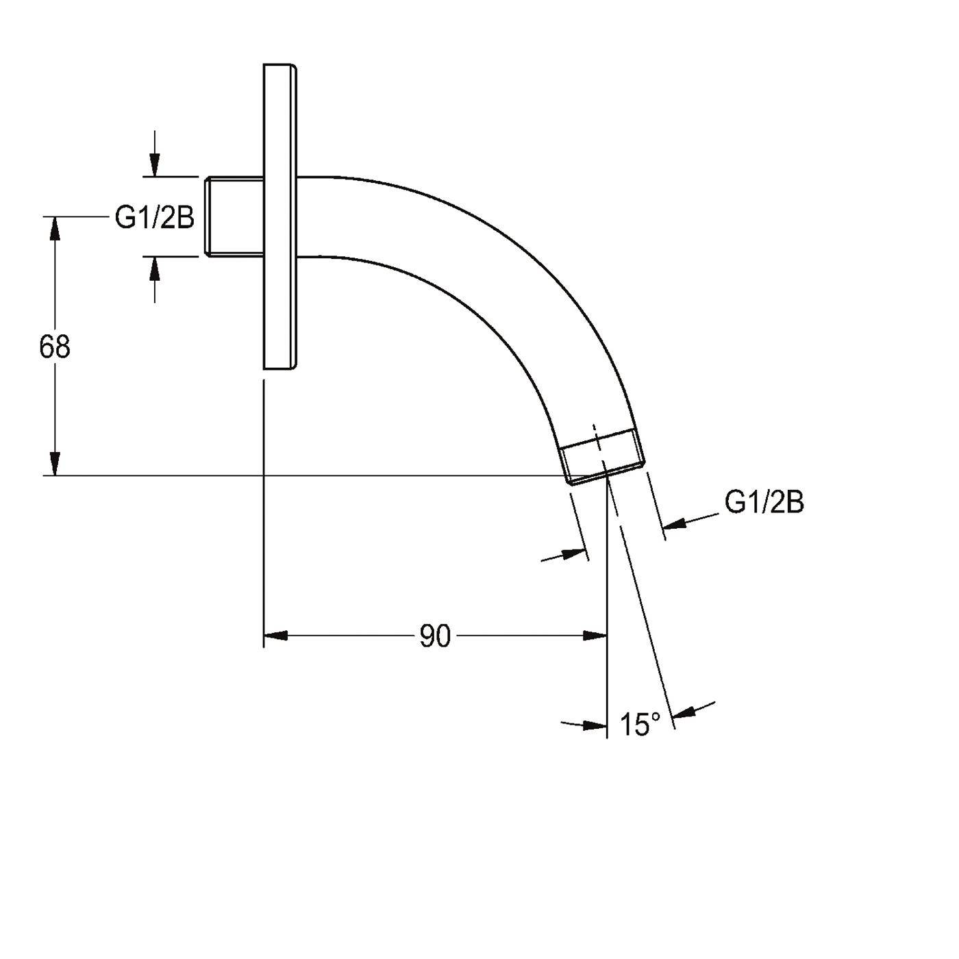 Technische Zeichnung einer gekrümmten Rohrverschraubung mit Flansch, gekennzeichnet mit G1/2B-Anschlüssen, zeigt 68 mm Höhe, 90 mm Länge und 15°-Winkel.