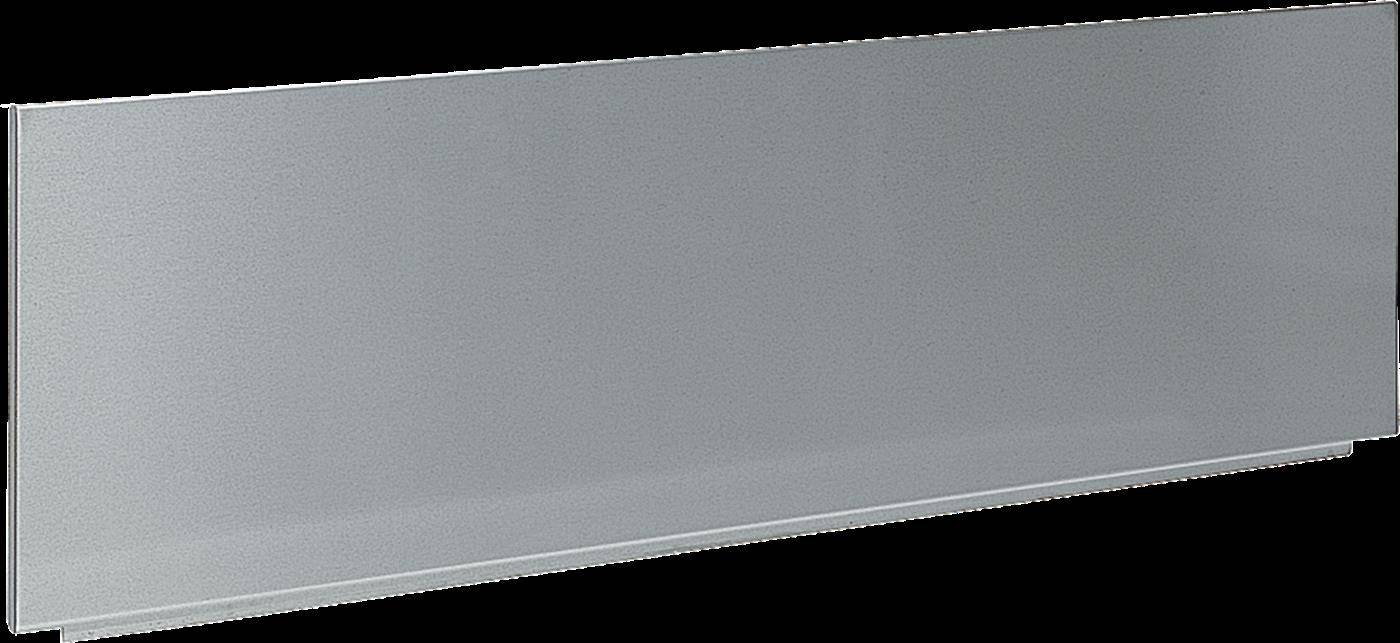Ein schlichtes rechteckiges graues Metallpanel, das in einem Winkel auf weißem Hintergrund gezeigt wird.