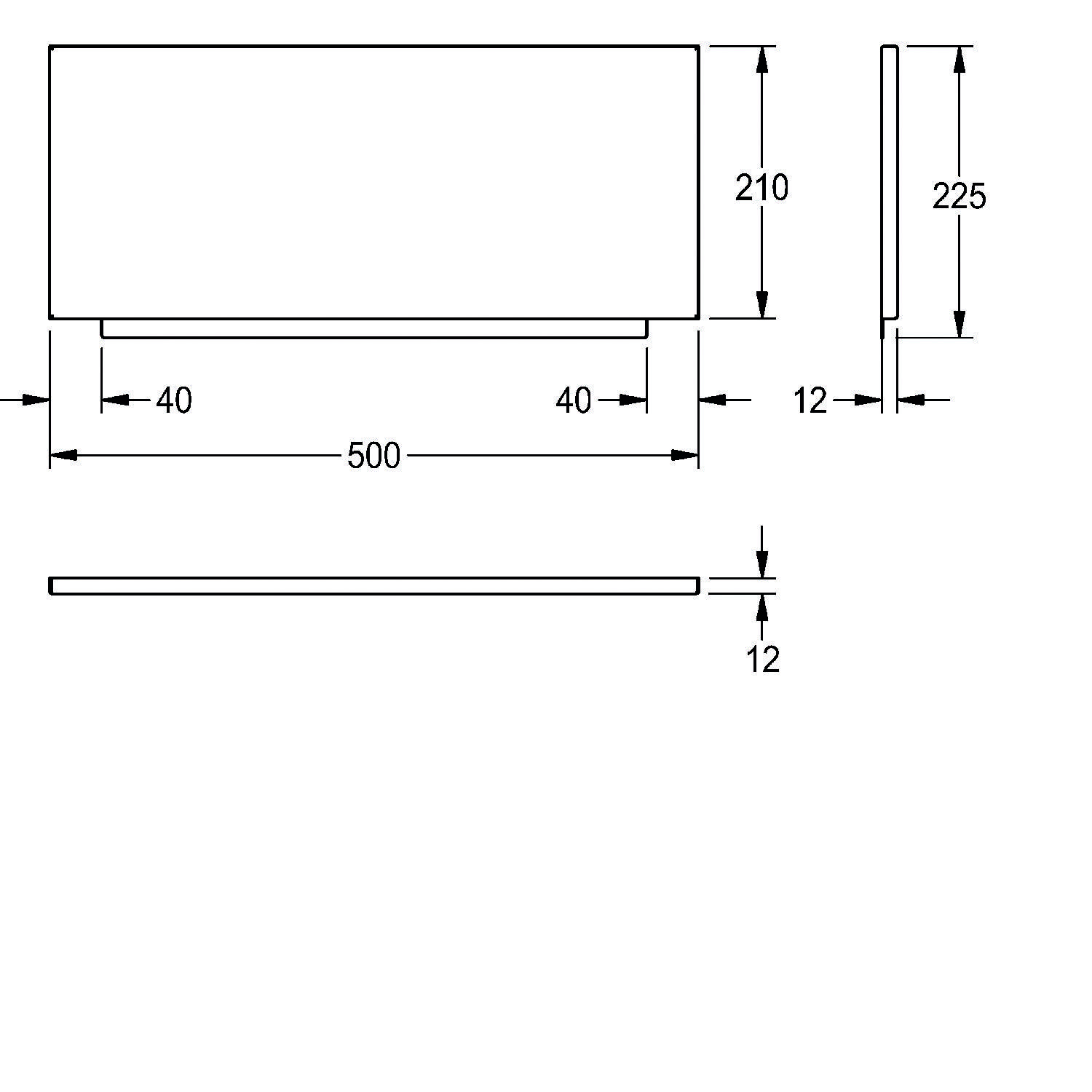 Technische Zeichnung eines rechteckigen Objekts mit Abmessungen: 500 Breite, 210 Höhe und 12 Dicke. Weitere angegebene Maße: 40 und 225.