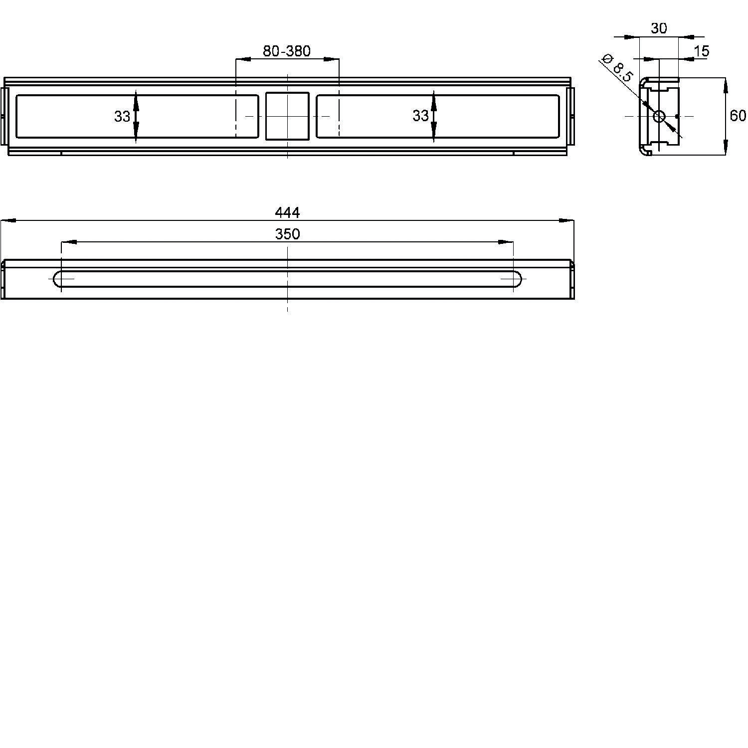 Technische Zeichnung eines Türgriffs. Gesamtlänge: 444 mm, Lochabstand: 380 mm, Griffhöhe: 60 mm, Durchmesser: 30 mm.