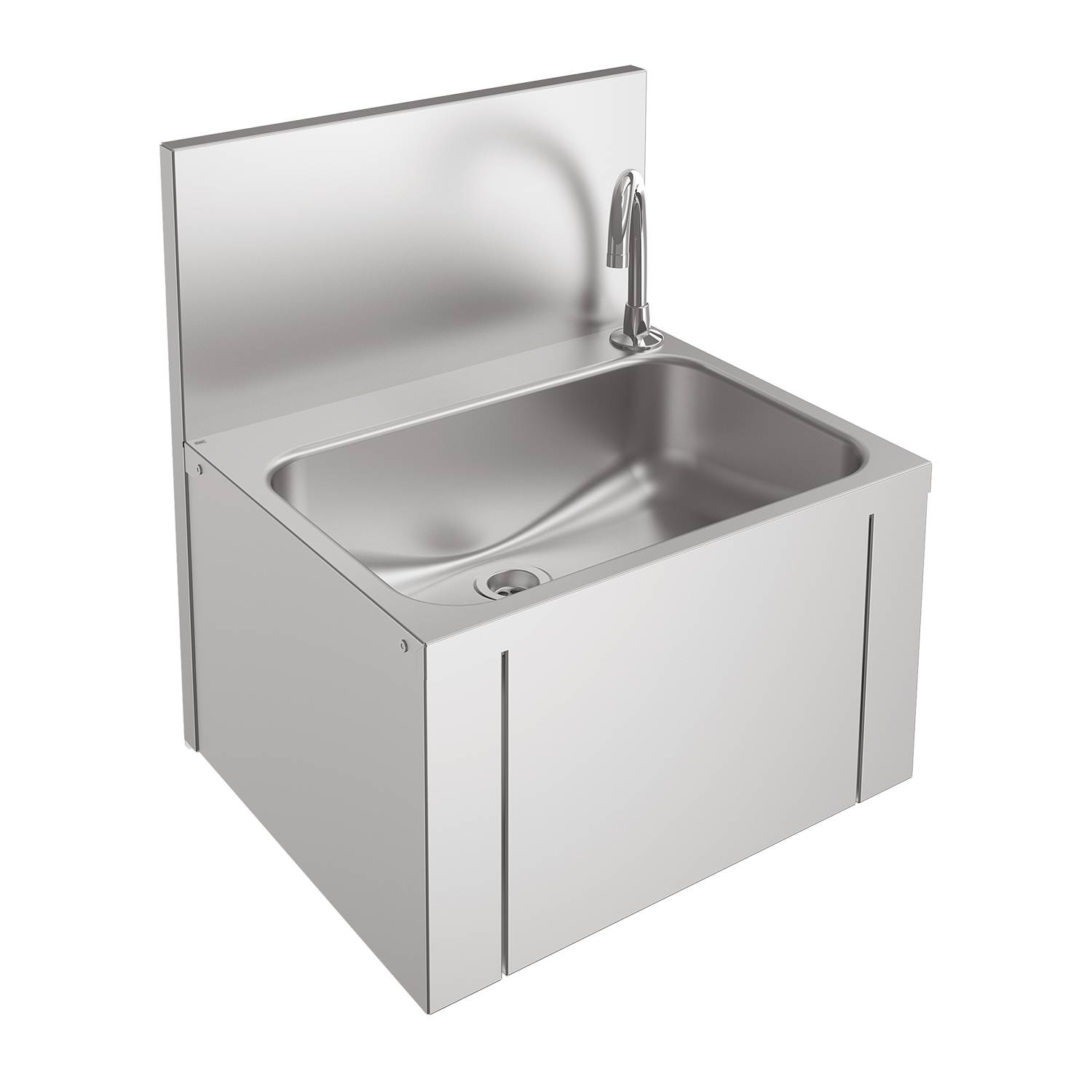 Ein Wandwaschbecken aus Edelstahl mit Spritzschutz und Wasserhahn, konzipiert für eine kommerzielle Küche oder ein Laborumfeld.