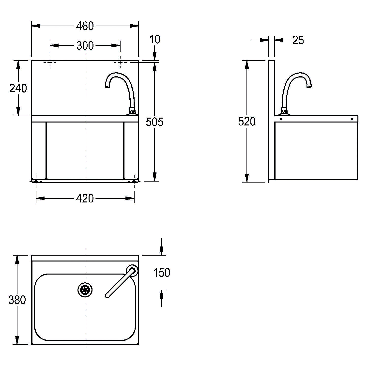 Diagramm eines Waschbeckens mit Maßangaben: Breite 460 mm, Tiefe 380 mm, Höhe 520 mm. Wasserhahn rechts positioniert, mit Unterschrank darunter.