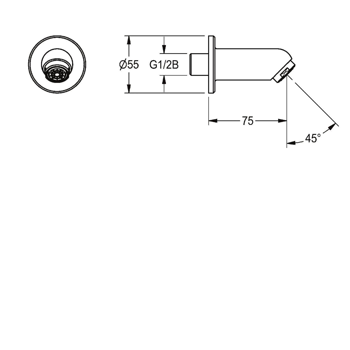 Technische Zeichnung einer zylindrischen Armatur mit Vorder- und Seitenansicht, beschriftet mit Durchmesser 55 mm, G1/2B-Gewinde, Länge 75 mm und 45° abgewinkelter Spitze.