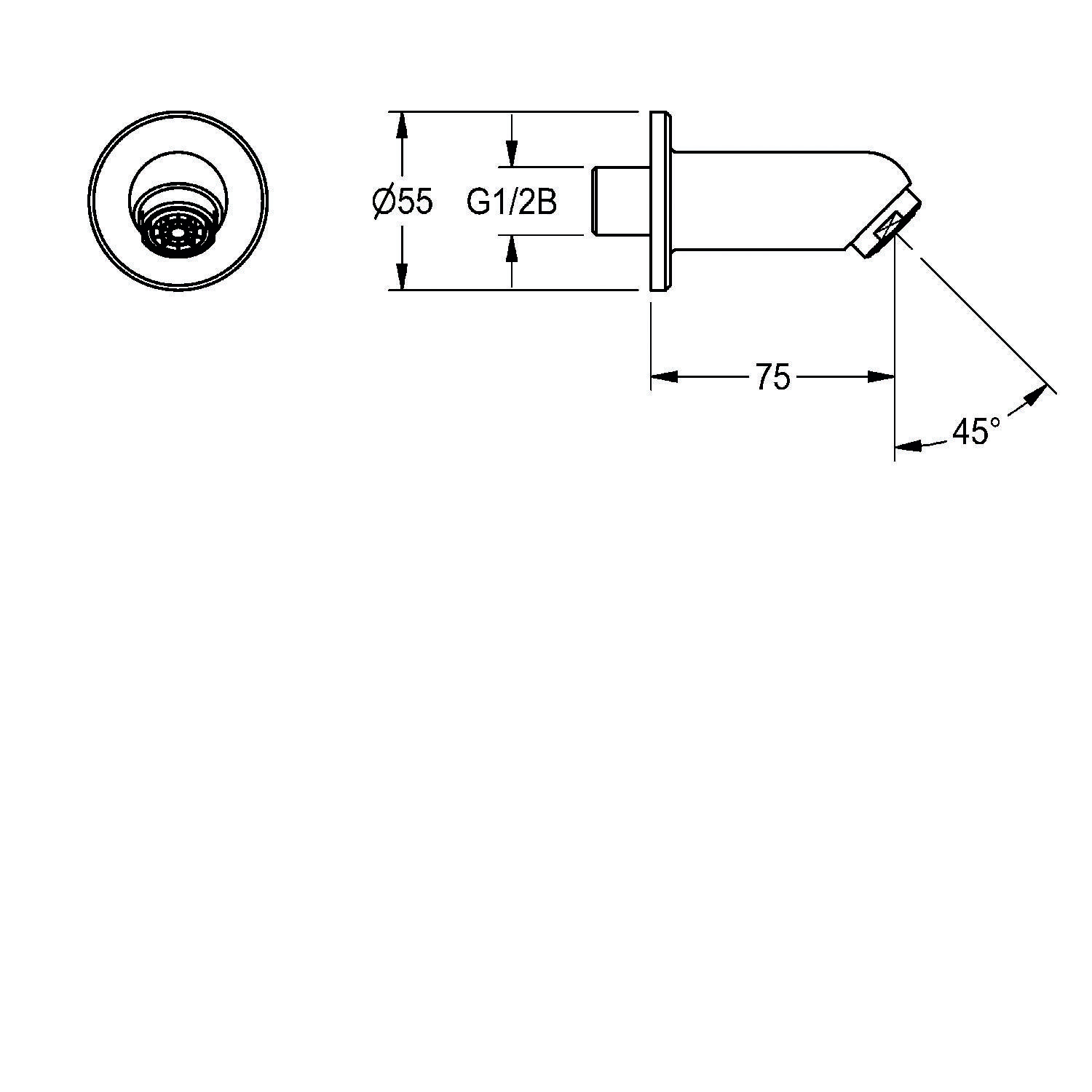 Technische Zeichnung eines Duscharms mit Abmessungen: Durchmesser 55 mm, G1/2B-Gewinde, Länge 75 mm und 45-Grad-Winkel.