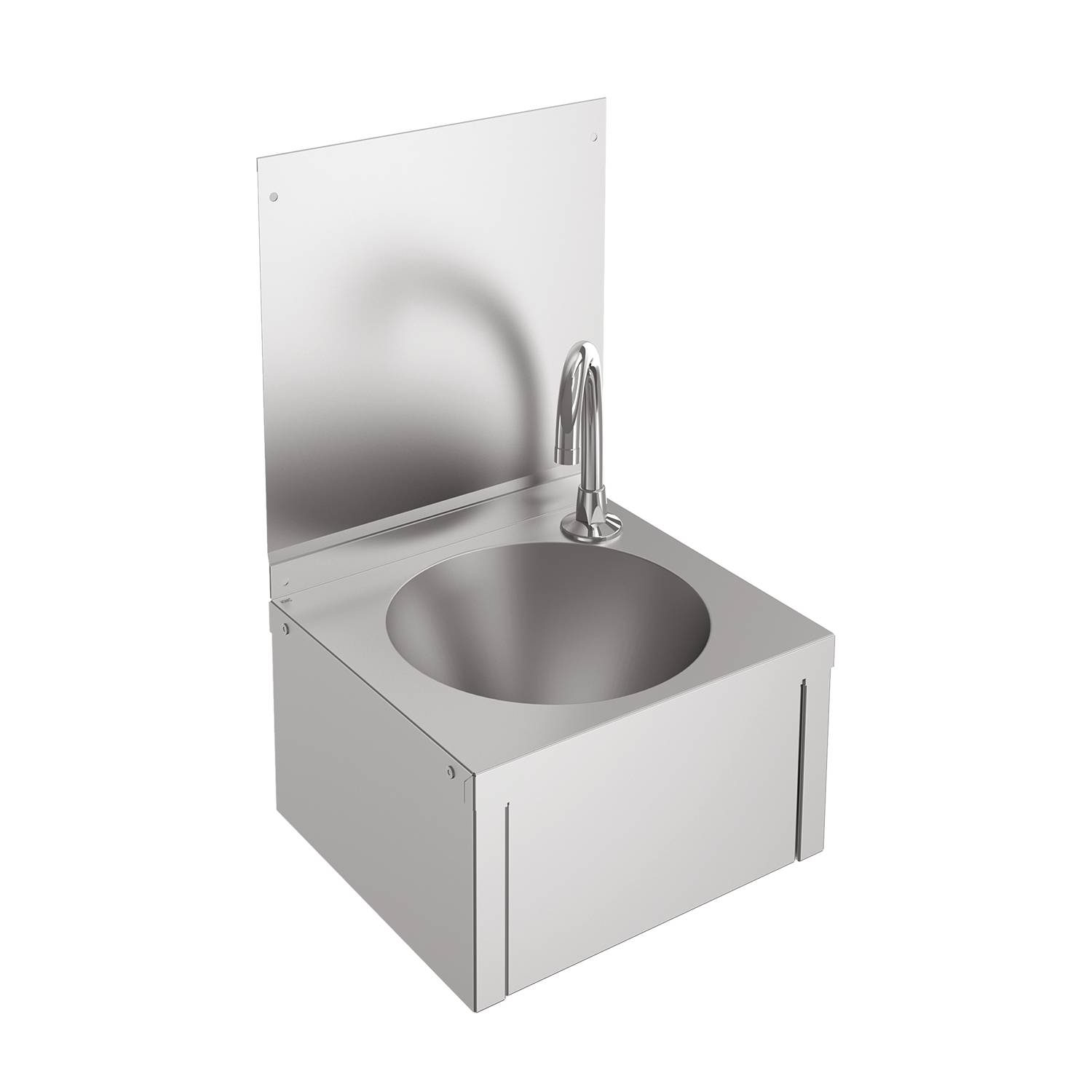 Ein moderner, wandmontierter Waschbecken aus Edelstahl mit einem hohen, geschwungenen Wasserhahn und einem abgerundeten Becken vor einem schwarzen Hintergrund.