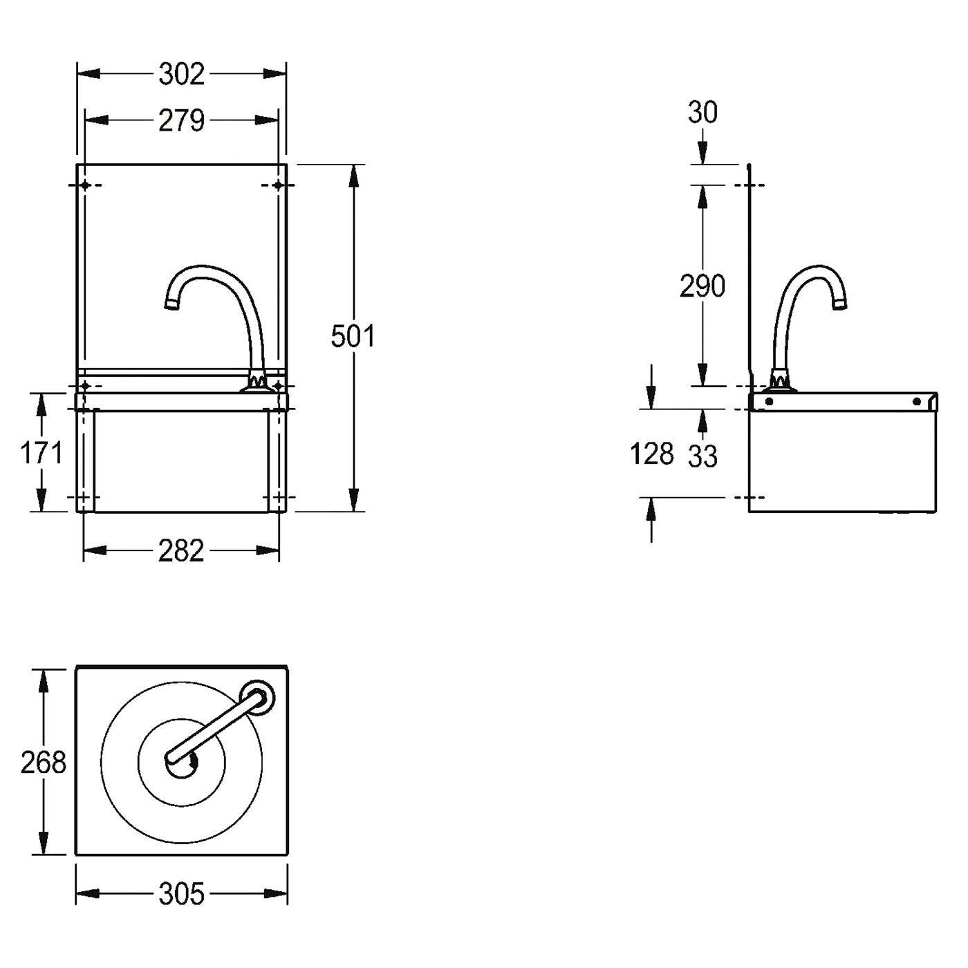 Technische Zeichnung eines quadratischen Spülbeckens mit Wasserhahn, dargestellt in Front-, Seiten- und Draufsicht mit Maßen in Millimetern.