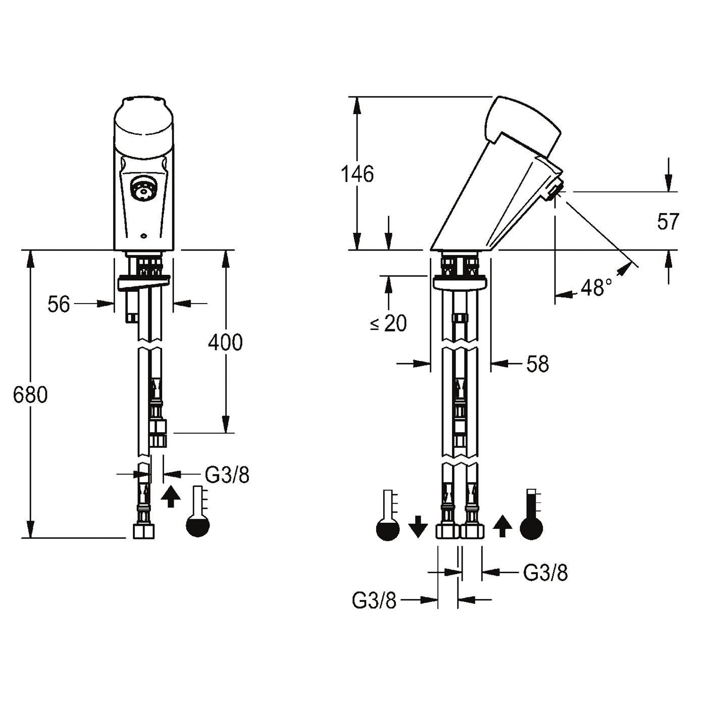 Technische Linienzeichnung eines Ventils/Fittings mit Vorder- und Seitenansichten mit Abmessungen, einschließlich 680, 400, 146, 57, 58, 56, ≤20, 48° und G3/8-Anschlüssen.