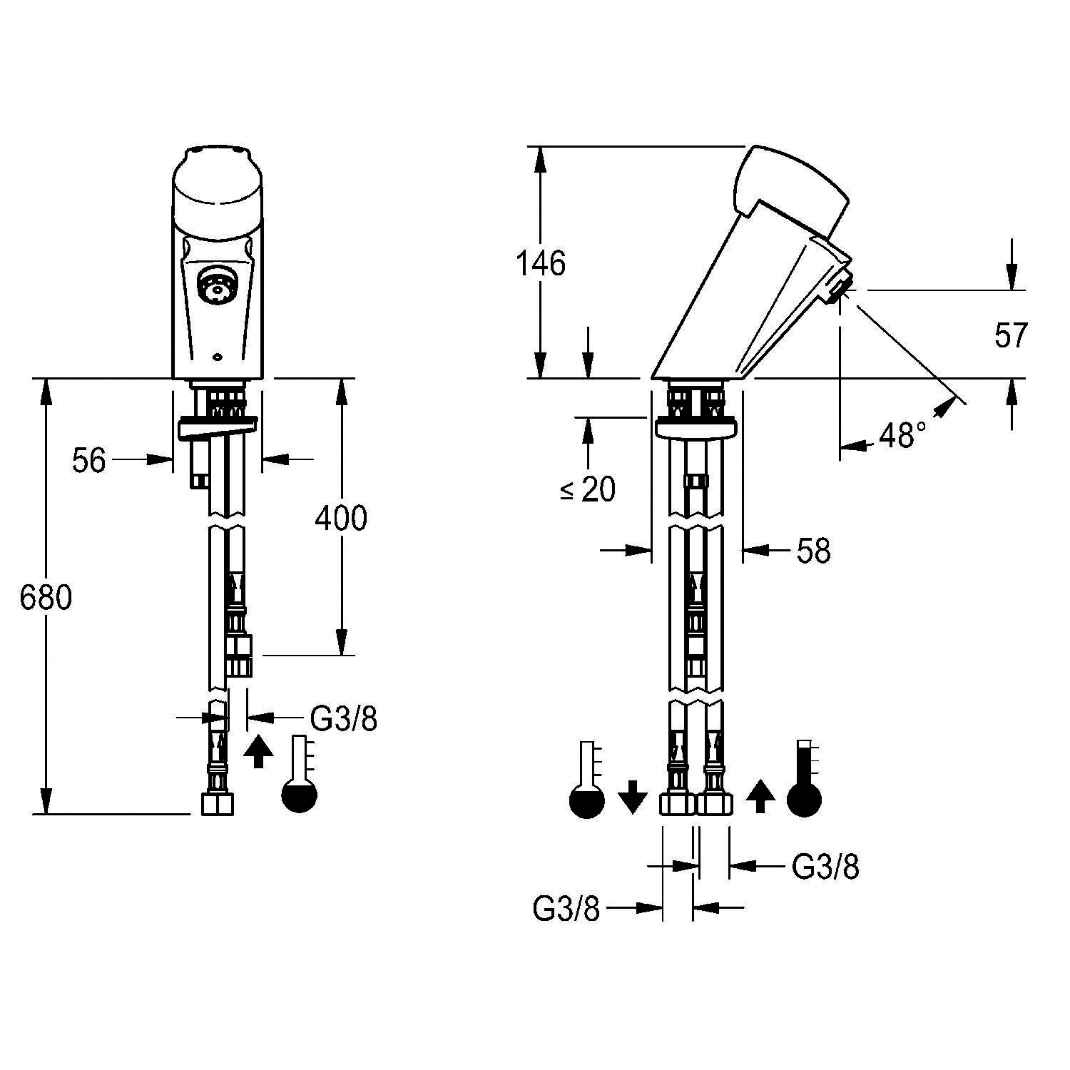 Technische Zeichnung eines Wasserhahns mit Abmessungen und Installationsspezifikationen. Höhe: 680 mm, Reichweite: 146 mm, Anschlussgröße: G3/8.