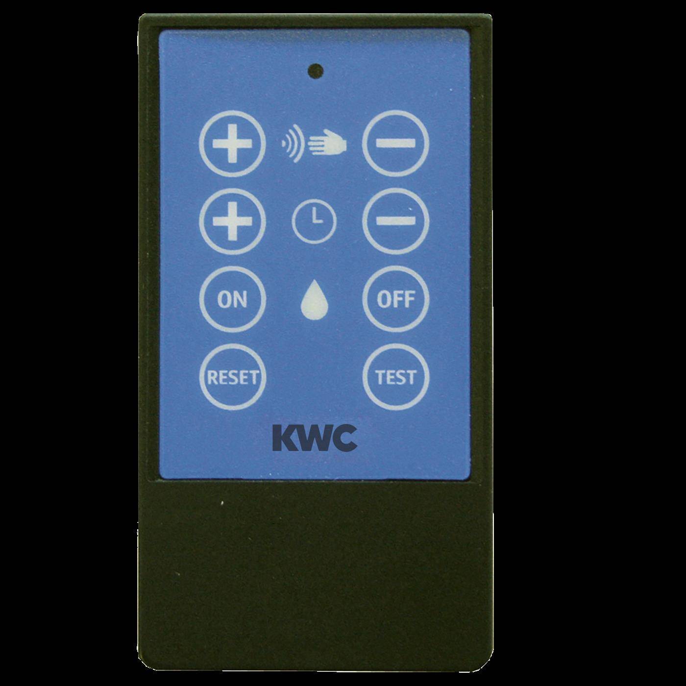 KWC-Fernbedienung mit blauem Bedienfeld, Plus-/Minus-Tasten, Beschriftungen für EIN, AUS, ZURÜCKSETZEN und TEST sowie Symbole für Geschwindigkeit, Timer und Licht-/Tropfen-Funktionen.