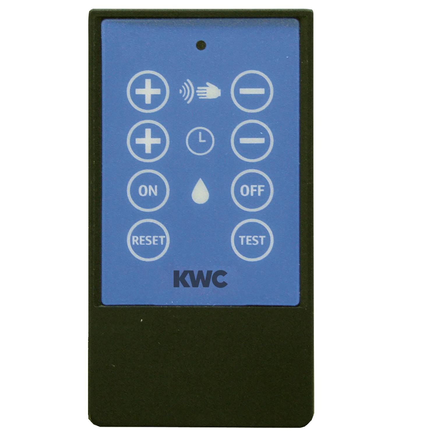 Eine rechteckige Fernbedienung mit mehreren Tasten, darunter Symbole für 'Plus', 'Minus', 'Ein', 'Aus', 'Zurücksetzen' und 'Test'. Die Beschriftung 'KWC' befindet sich am unteren Rand.