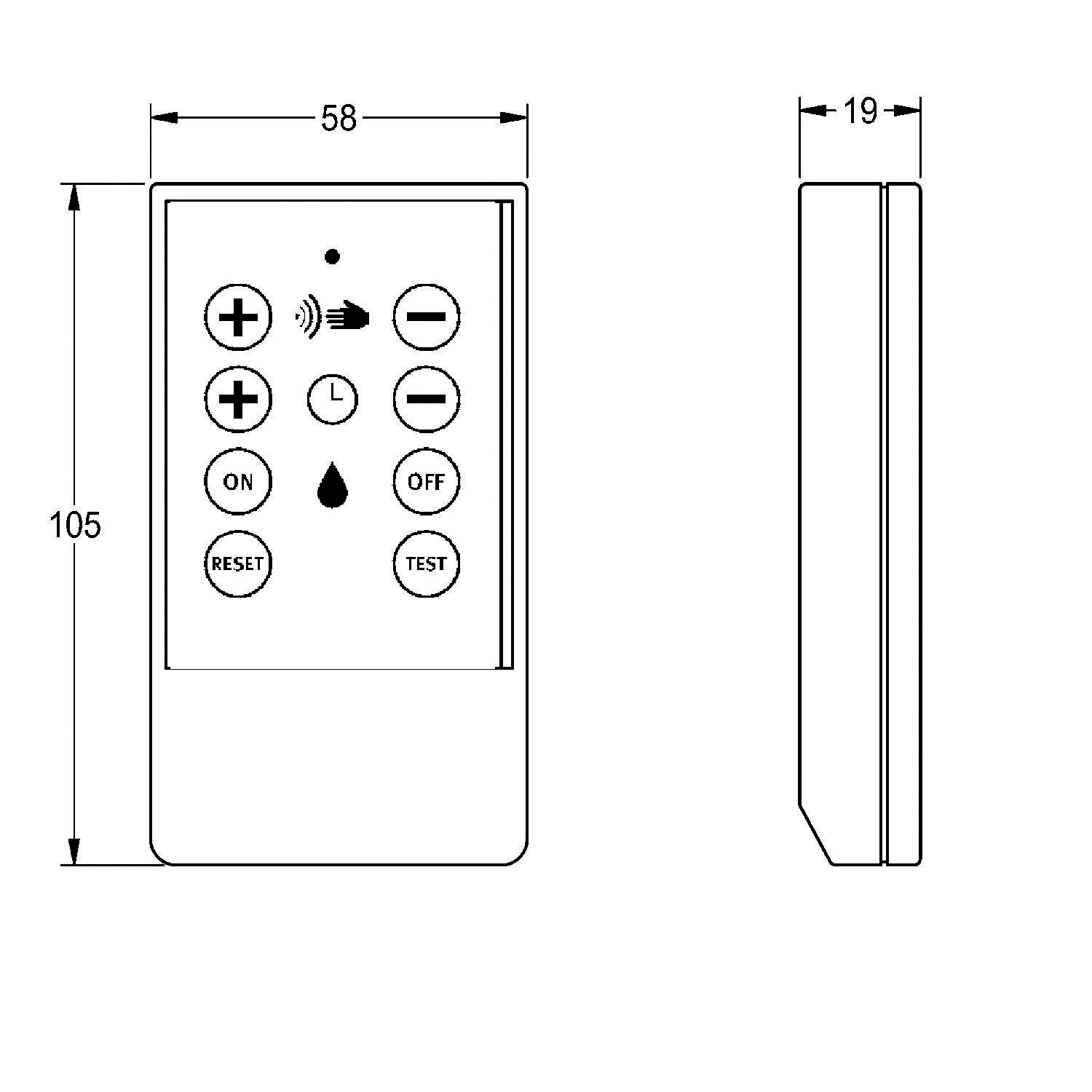 Diagramm einer Fernbedienung. Frontansicht zeigt Tasten für Lautstärke, Ein/Aus, Reset und Test. Abmessungen: 58 mm x 105 mm x 19 mm.