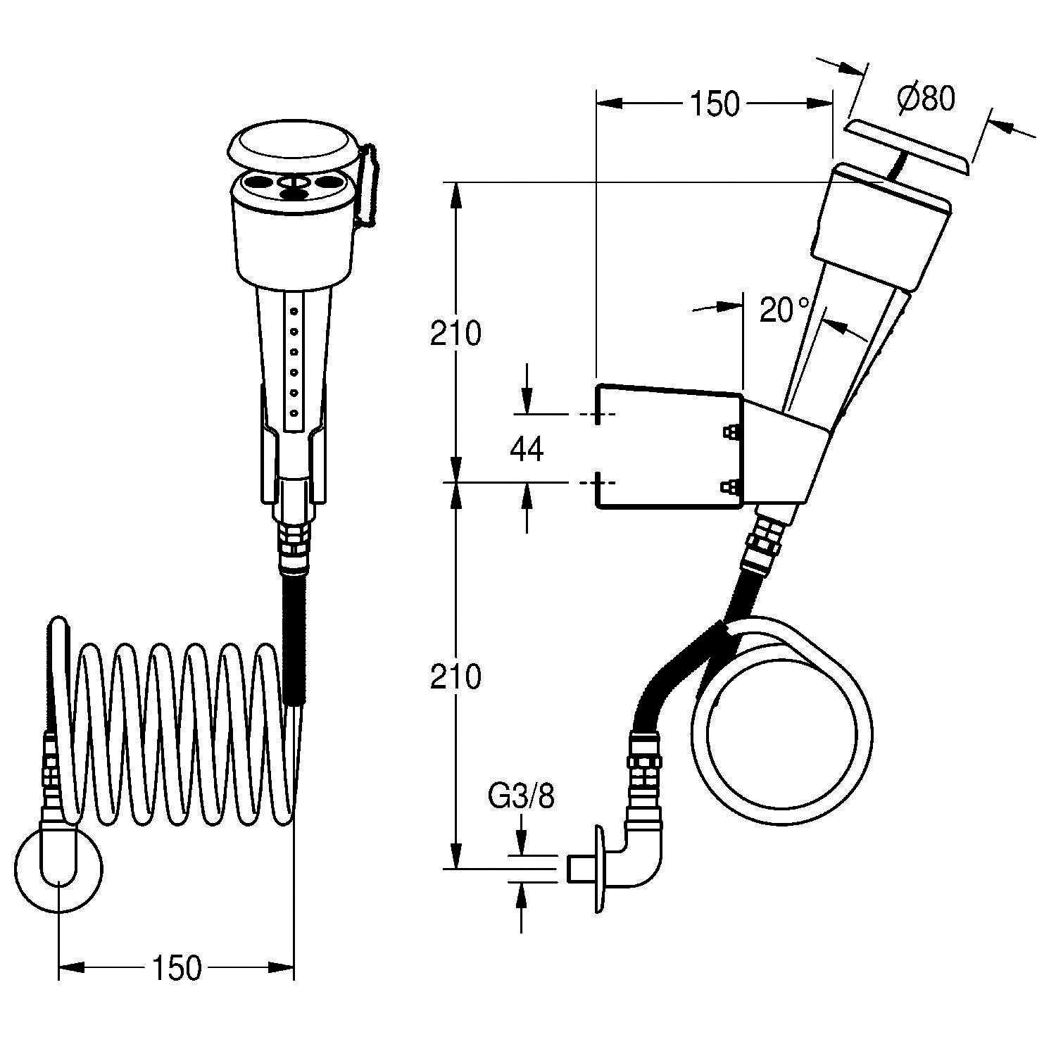 Technische Zeichnung eines Spiral-Auszieh-Küchenmischbatteris mit Abmessungen: 150 mm breit, 210 mm hoch, mit einem Brausekopf in einem Winkel von 20°.
