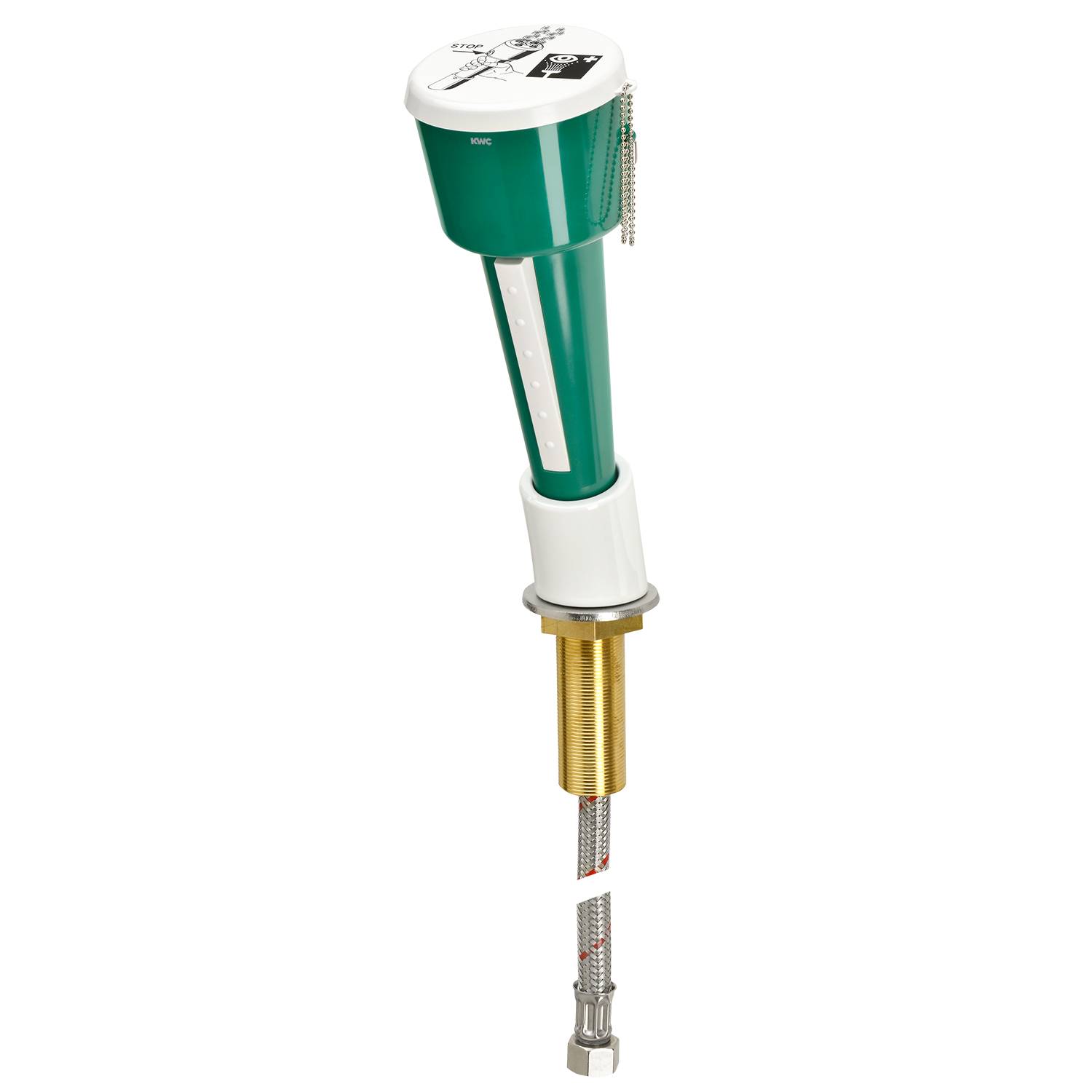 Eine grüne und weiße thermostatische Duschkartusche mit Messinggewinde und einem angeschlossenen flexiblen Schlauch, konzipiert zur Steuerung der Wassertemperatur.