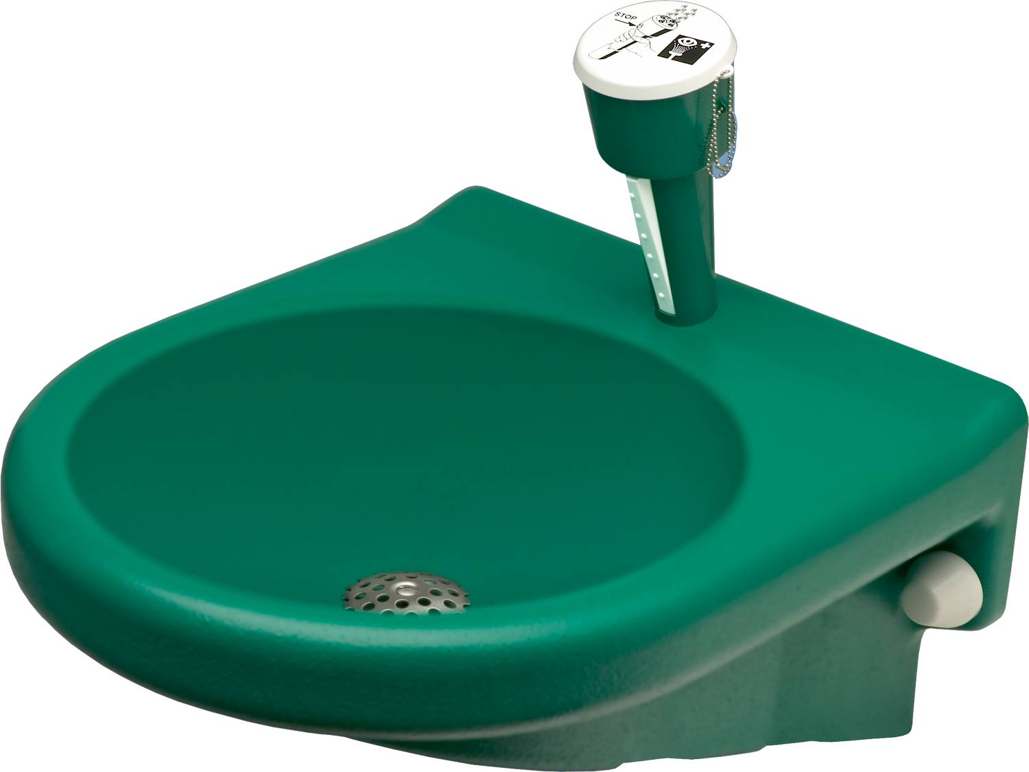 Ein grünes wandmontiertes Waschbecken mit einem Wasserhahn, das für den Einsatz in Badezimmern oder Laboren konzipiert ist, vor einem schwarzen Hintergrund.