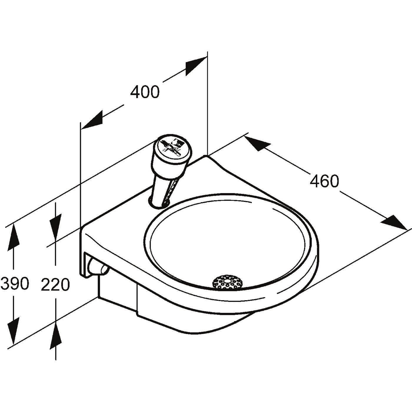 Technische Zeichnung einer wandmontierten Toilette mit den Abmessungen 400 mm Breite, 460 mm Tiefe und 390/220 mm Höhe.