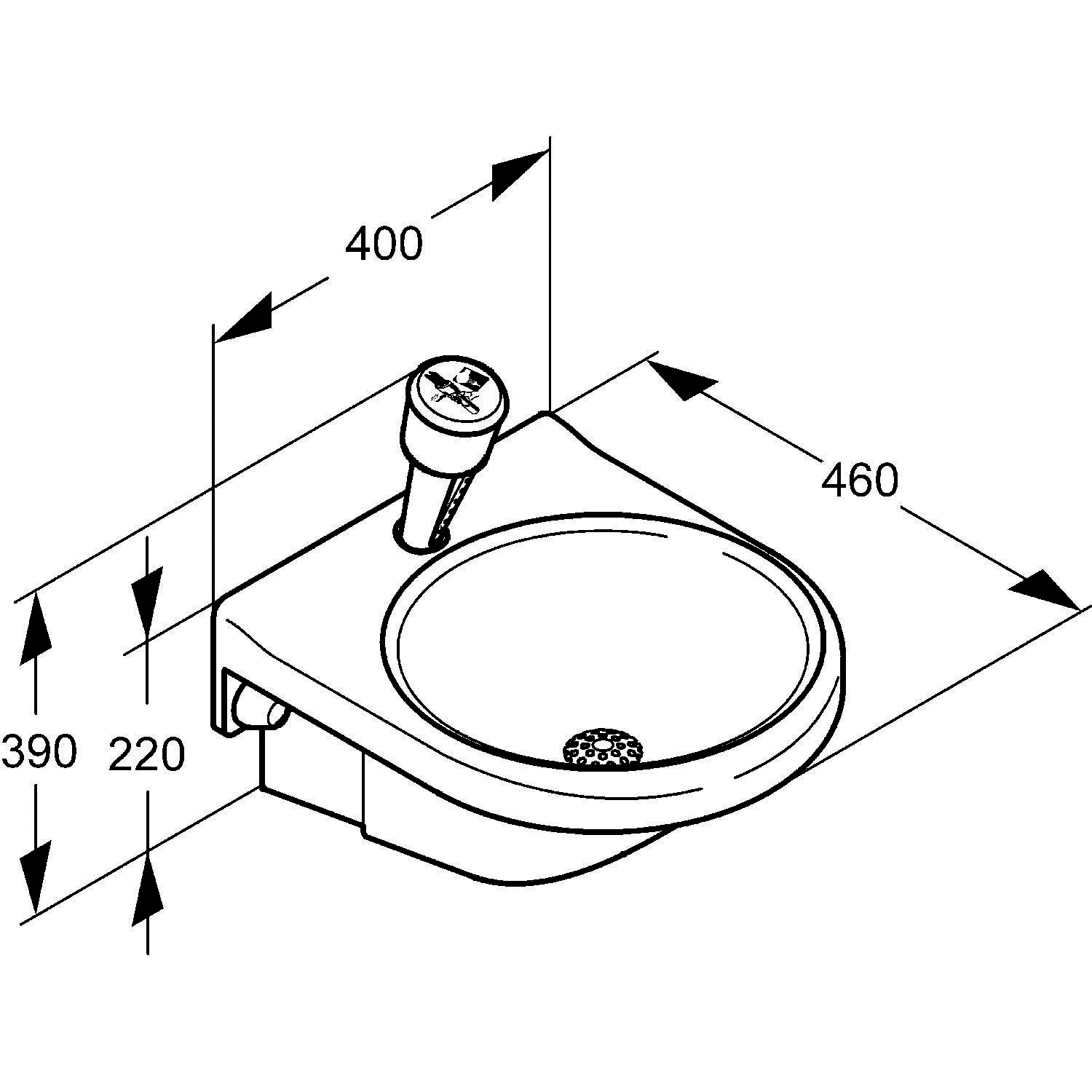Eine Skizze eines kleinen Waschbeckens mit einem einzelnen Wasserhahn; die Abmessungen sind mit 400 mm Länge, 460 mm Breite und 220 mm Höhe beschriftet.