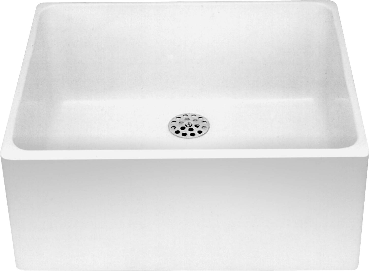 Ein weißes Waschbecken mit einem zentralen Ablauf wird gezeigt. Das Bild ist schlicht und konzentriert sich auf das saubere Design und die Funktionalität des Waschbeckens.