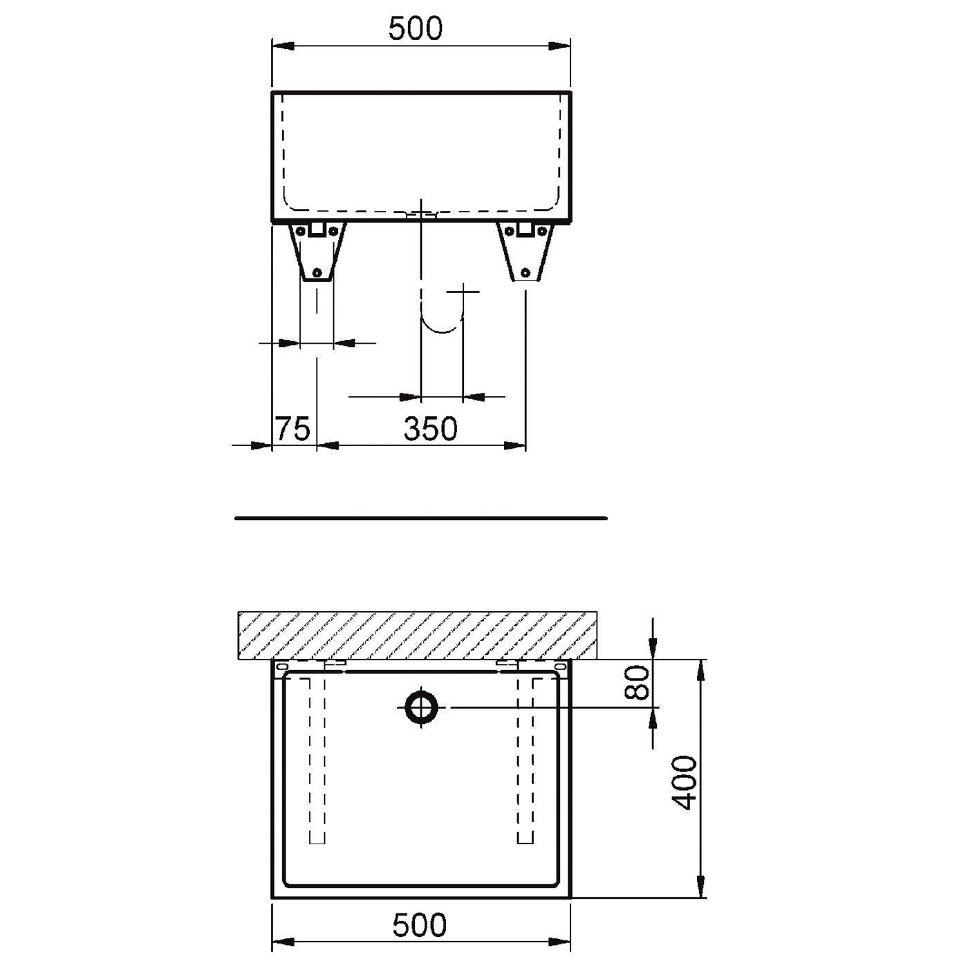 Technische Zeichnung eines rechteckigen Tanks oder Beckens mit Vorder- und Draufsicht mit Abmessungen von 500 mm Breite, 400 mm Höhe, 350 mm Mittenabstand und 75 mm Versatz.