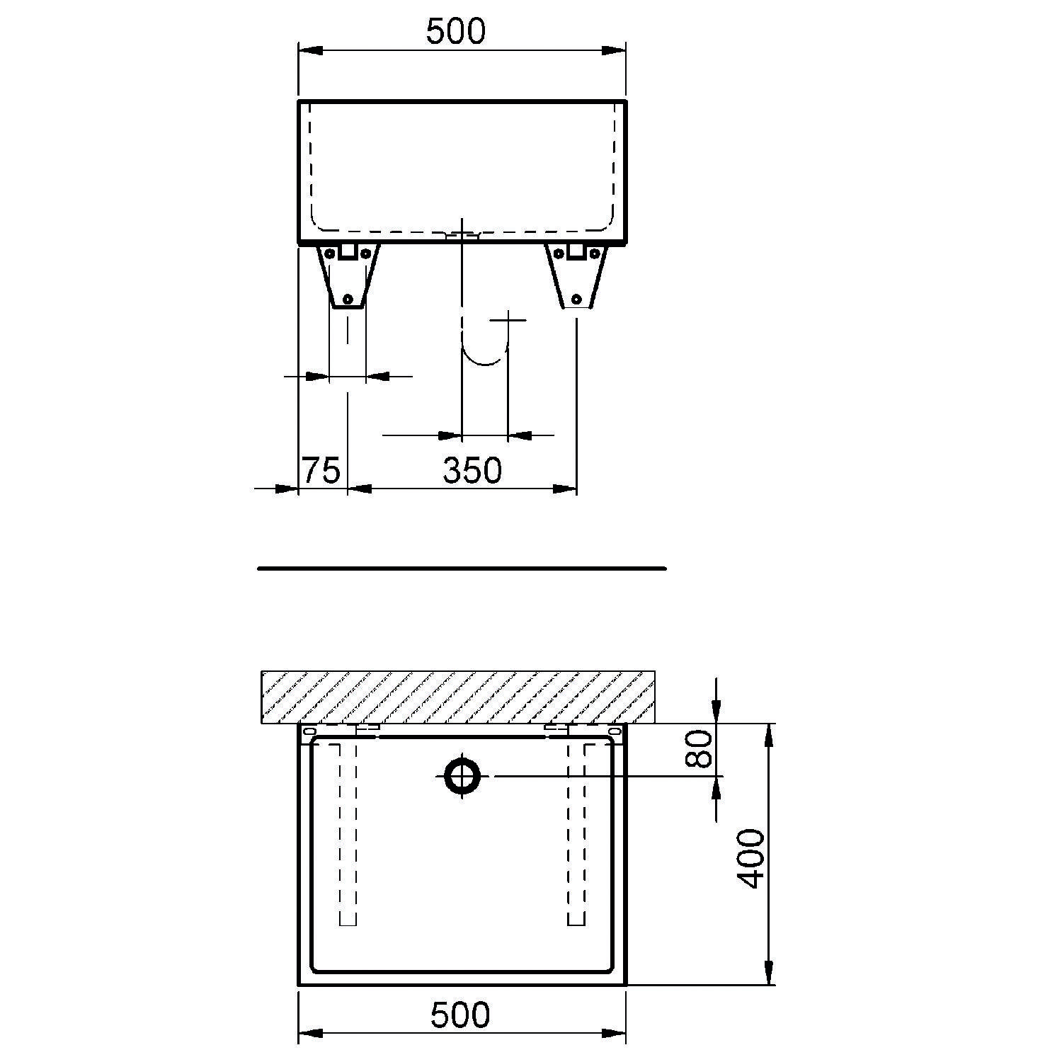 Technische Zeichnung eines Waschbeckens mit Abmessungen: 500 mm Breite, 400 mm Tiefe, 350 mm Rohrabstand von der Wand und 80 mm Montagehöhe.