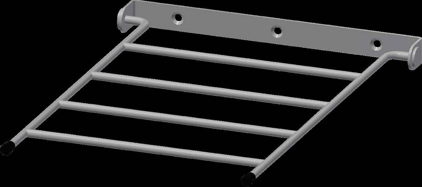 Wandmontierte Metallleiter mit sechs horizontalen Sprossen und einer oberen Befestigungshalterung, dargestellt vor schwarzem Hintergrund.