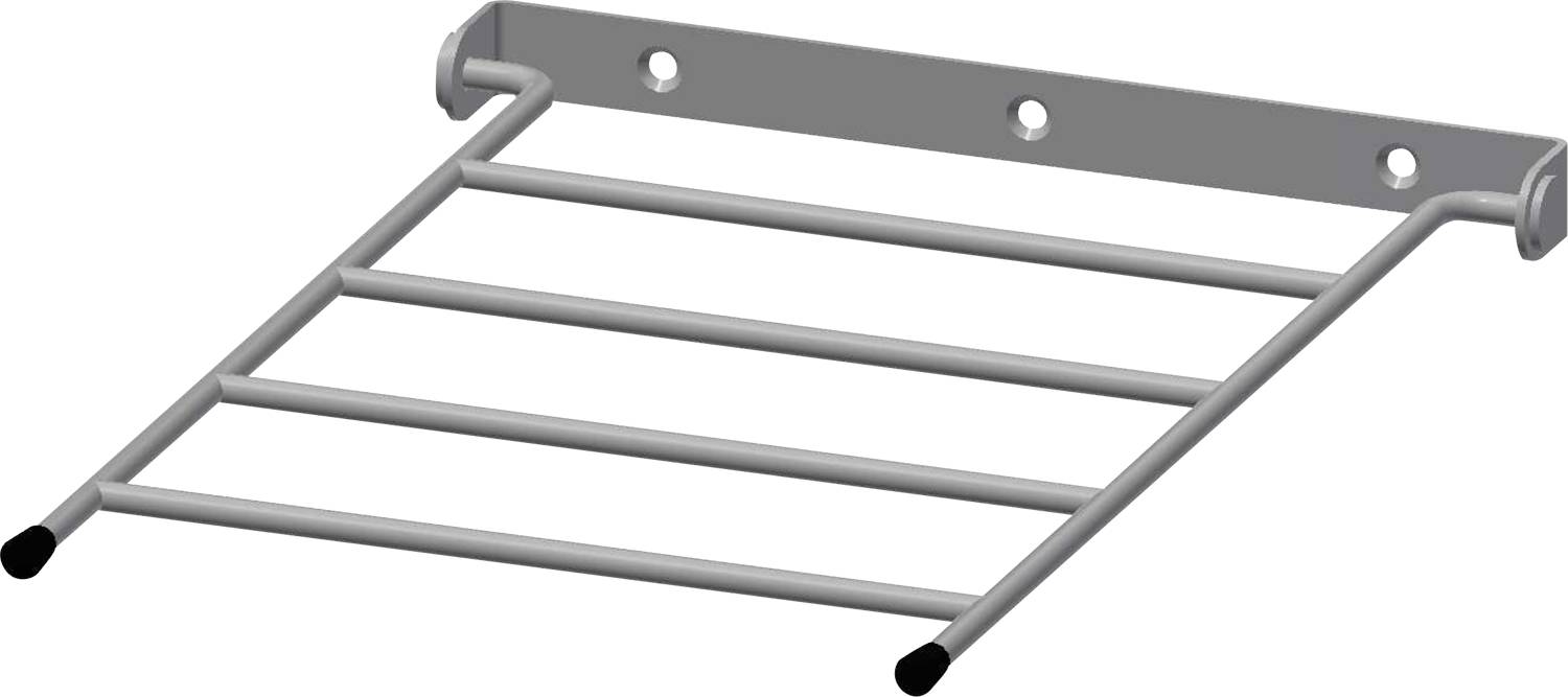 Ein wandmontiertes Metallregal mit vier horizontalen Stangen, verwendet zum Organisieren oder Trocknen von Gegenständen, ragt aus einer Halterung mit Befestigungslöchern heraus.
