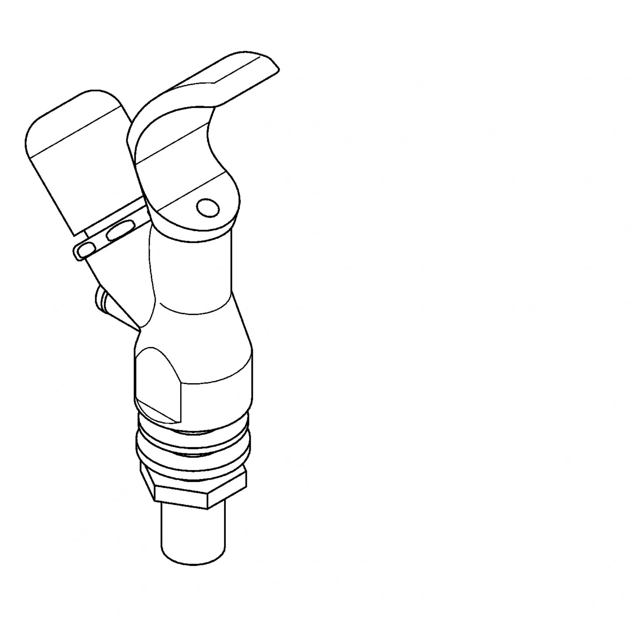 Strichzeichnung eines mechanischen Ventils oder einer Düse mit einem Hebel an einem Scharnier und zylindrischem Gehäuse, isoliert auf weißem Hintergrund dargestellt.