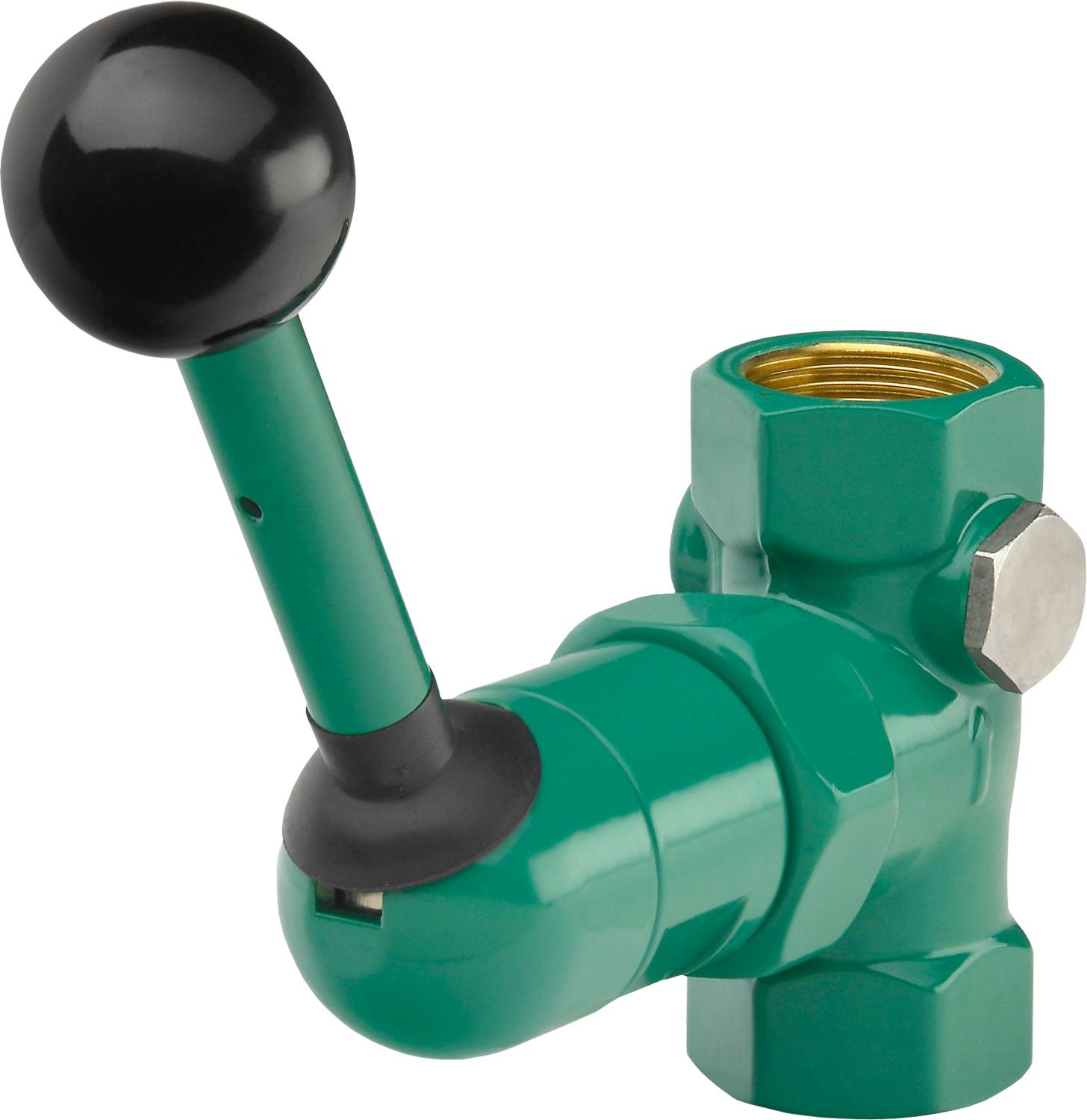 Grünes Metallventil mit einem schwarzen Griff, verwendet zur Steuerung des Fluidflusses, weist einen zylindrischen Körper und sechseckige Anschlussenden auf.