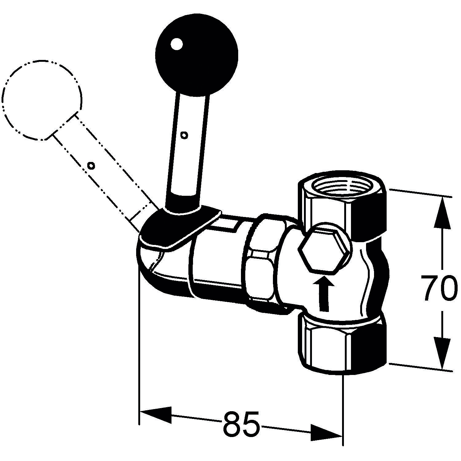 Schematische Darstellung eines Ventils mit Bedienungshebel. Zeigt zwei Positionen: geöffnet und geschlossen. Einschließlich Maßangaben: 85 mm horizontal, 70 mm vertikal.