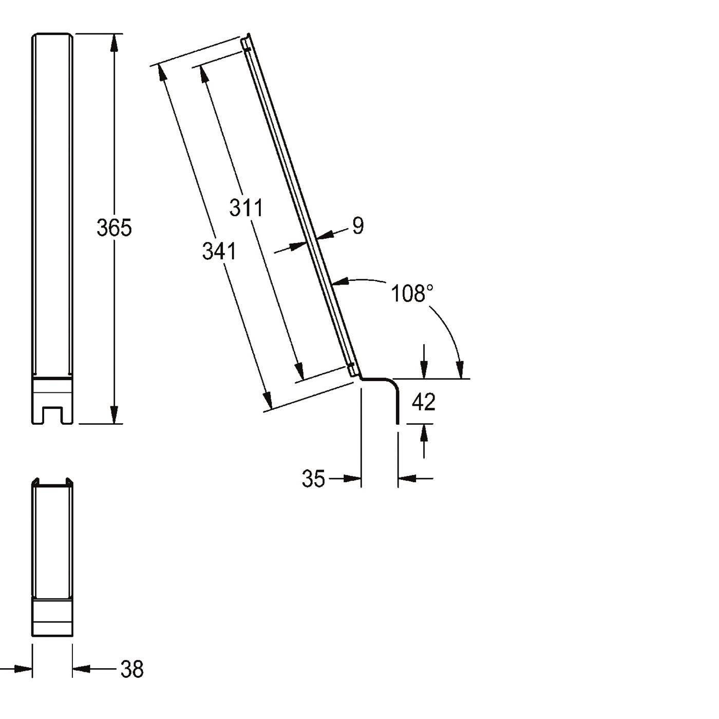 Technische Zeichnung eines gebogenen Metallteils mit Seiten- und Vorderansicht, die Abmessungen 365, 341, 311, 38, 35, 42, 9 und einen Winkel von 108° zeigt.