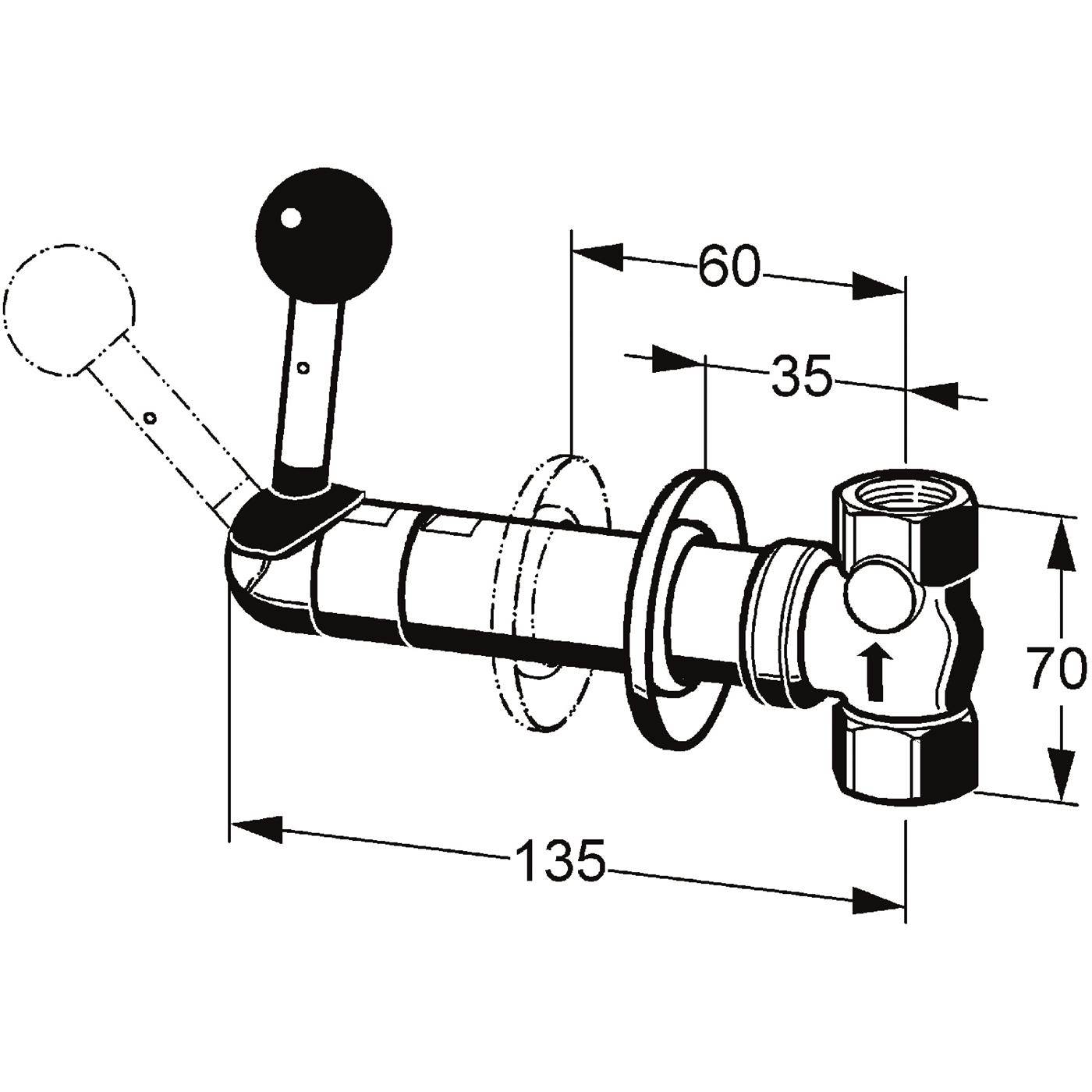 Maßstabzeichnung eines hebelgesteuerten Ventils/Armaturen, die Abmessungen 135, 60, 35 und 70 mm sowie den Strömungsrichtungspfeil zeigt.