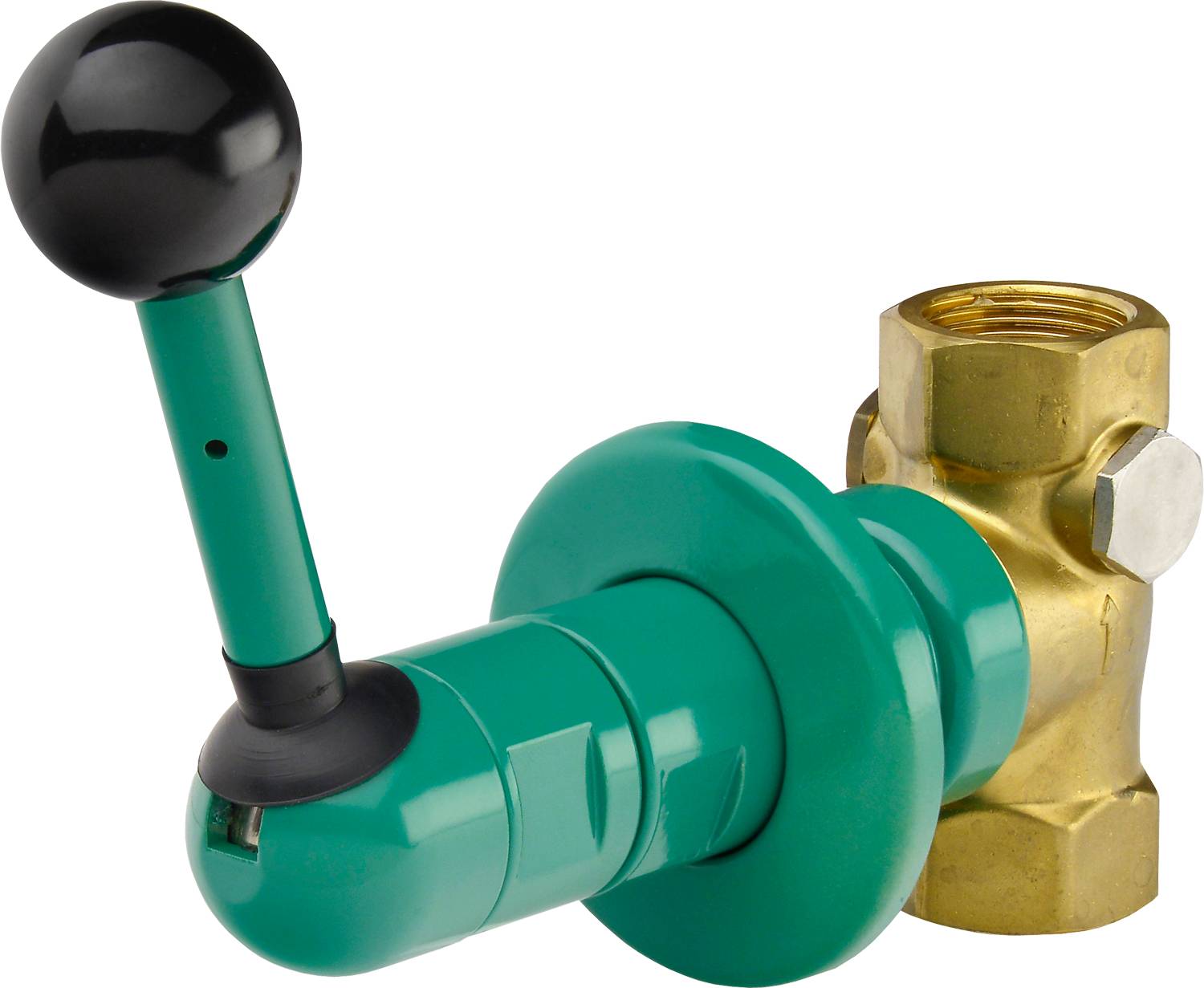 Ein grüner Ventilgriff mit einem schwarzen Knopf ist an einem Messingventilgehäuse befestigt und wird zur Steuerung des Fluidflusses in einem Rohrleitungssystem verwendet.