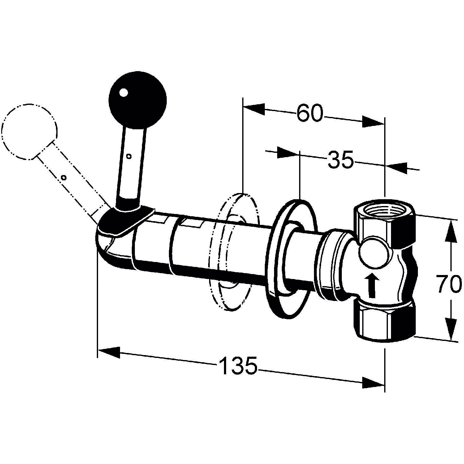 Eine technische Zeichnung einer Rohrverbindung mit zwei Hebeln, die Abmessungen von: 60 mm, 35 mm, 135 mm und 70 mm zeigt und die Größen der Komponenten angibt.