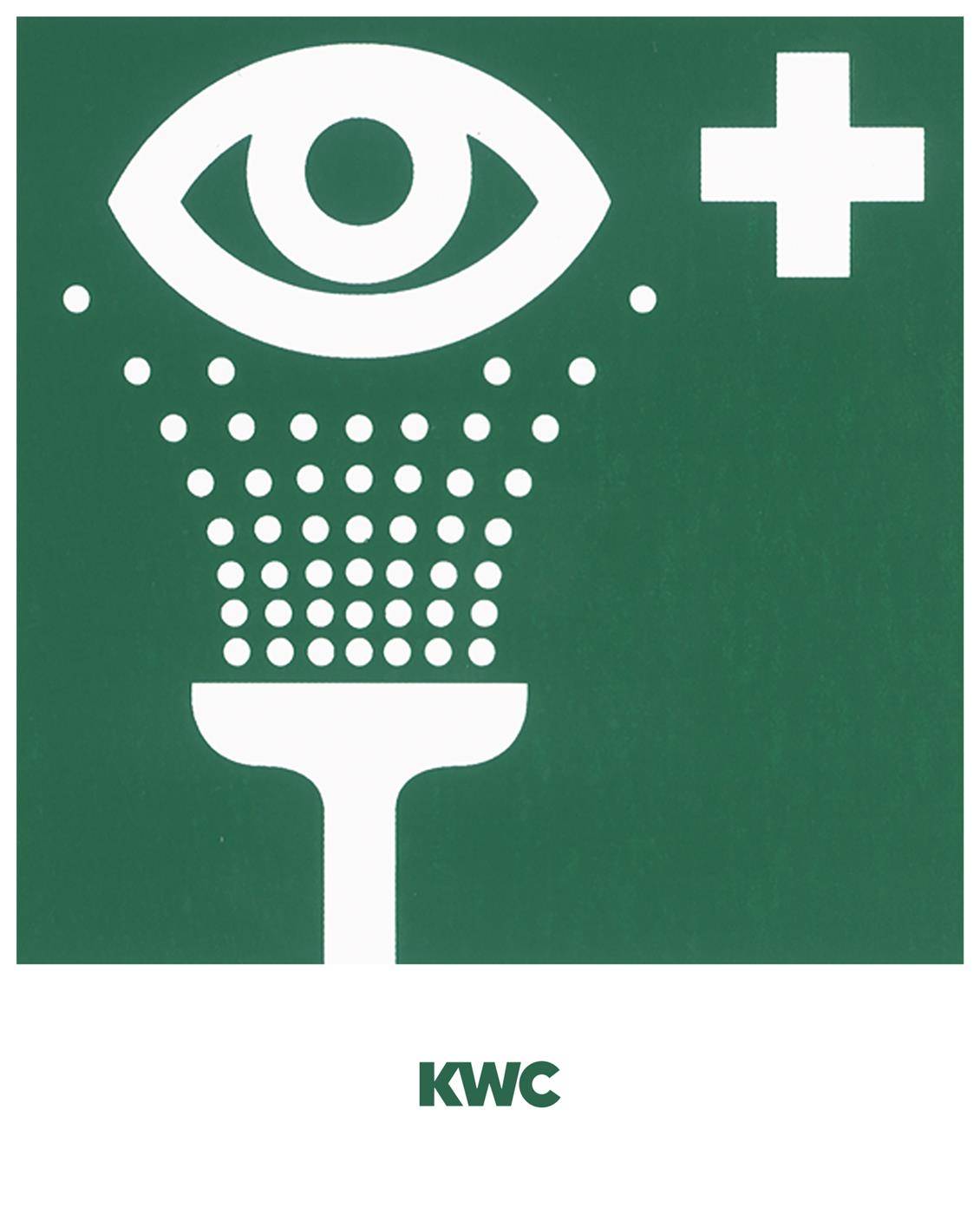 Auge und Plussymbol über einem gepunkteten Duschkopf auf einem grünen Sicherheitsschild mit dem Logo „KWC