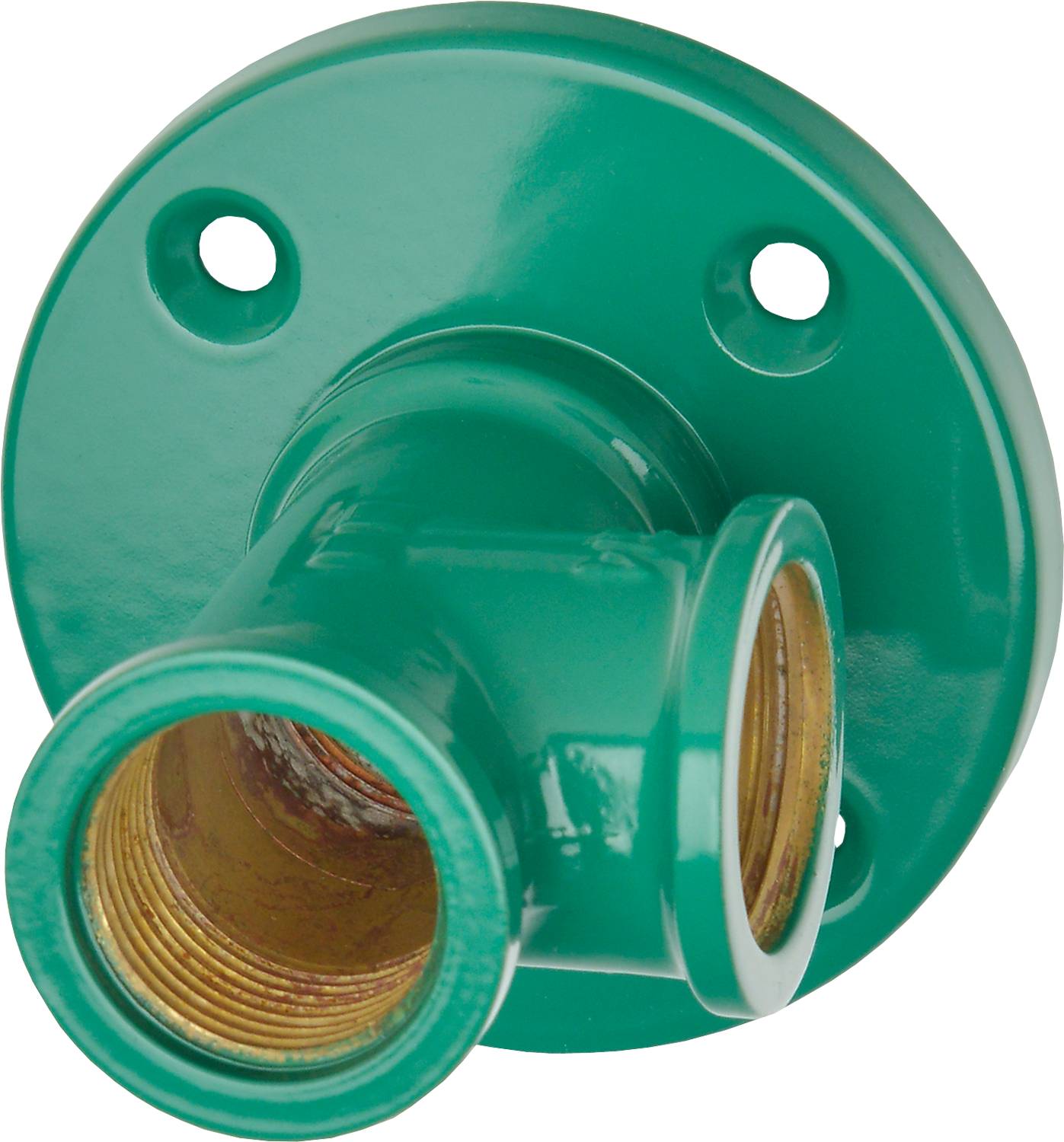 Eine grüne Metallflansche mit drei Befestigungslöchern, die zur Befestigung an Rohren oder Oberflächen konzipiert ist und aus einer Draufsicht ihre Struktur zeigt.