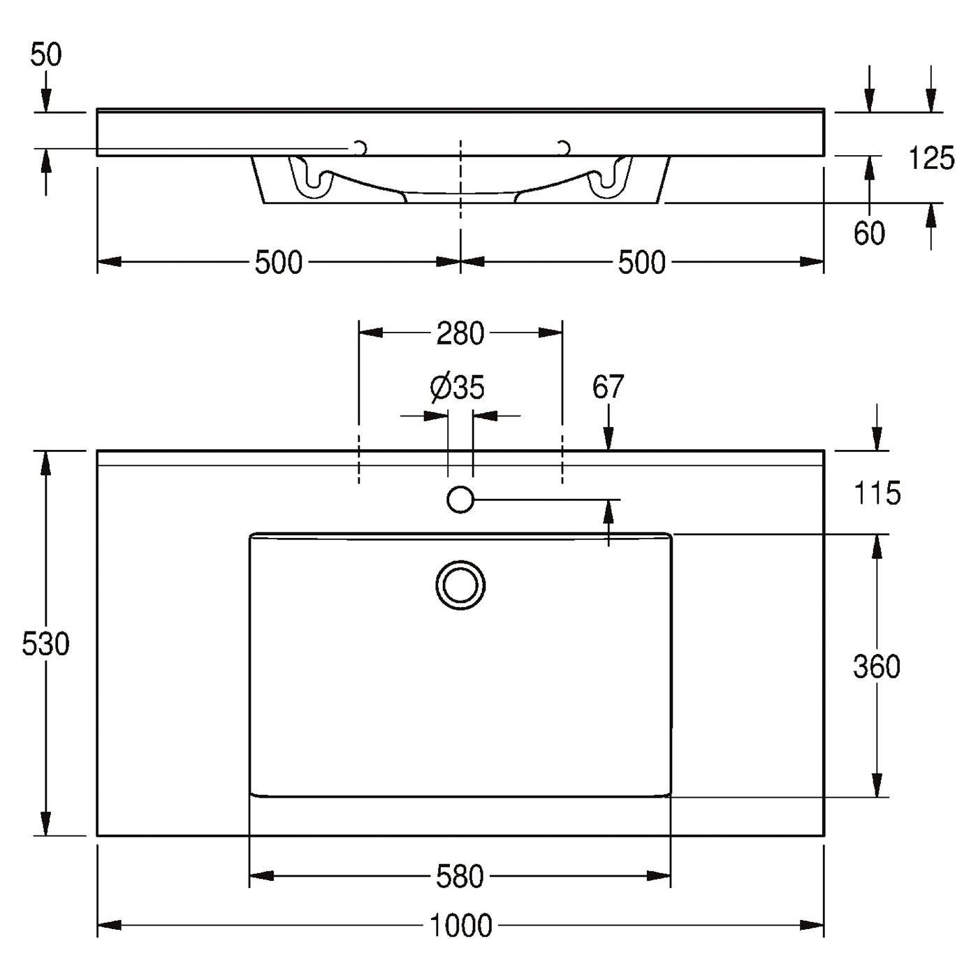 Technische Maßzeichnung eines Wandschranks oder Spülunterschranks mit Vorder- und Seitenansicht mit Maßen: 1000 mm breit, 530 mm hoch, 125 mm tief, einschließlich Befestigungsloch- und Abstands-Abmessungen.