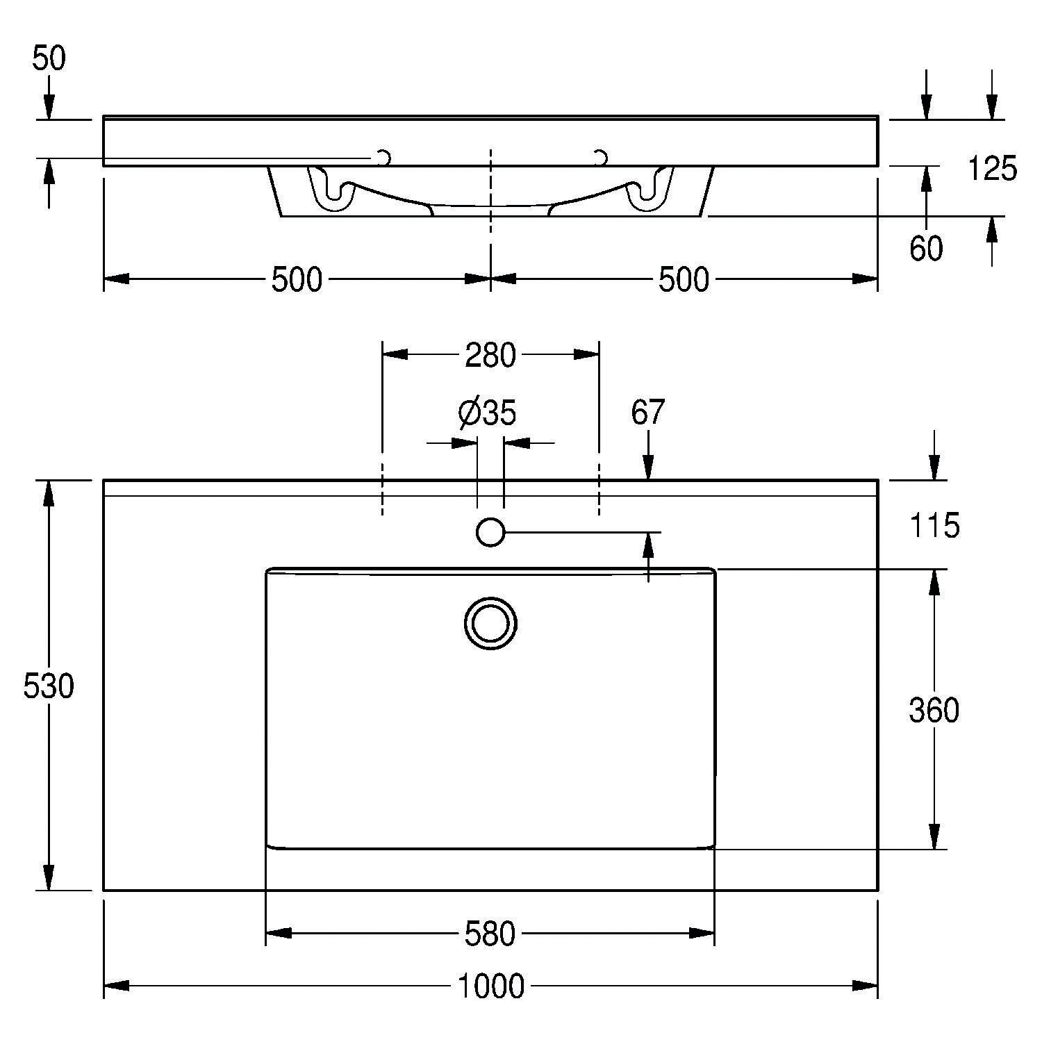 Eine technische Zeichnung eines rechteckigen Waschbeckens mit folgenden Maßen: Becken 500x360 mm, Gesamtbreite 1000 mm und Höhe 530 mm, einschließlich Ausschnitt- und Armaturlochdetails.