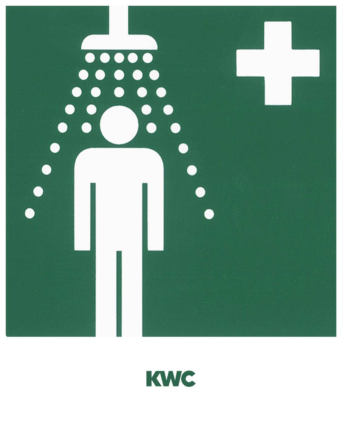 Grünes Sicherheitsschild, das eine Person unter einer Dusche mit Wassertropfen und einem medizinischen Kreuz zeigt und eine Notfallwaschstation/Augensplülstation anzeigt.