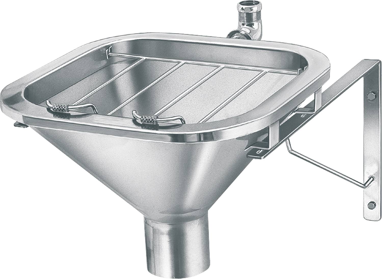 Metallener Labortrichter mit seitlichen Griffen und Ausguss, auf einem Stativ befestigt. Wird zum Übertragen von Flüssigkeiten oder zum Filtrieren verwendet.