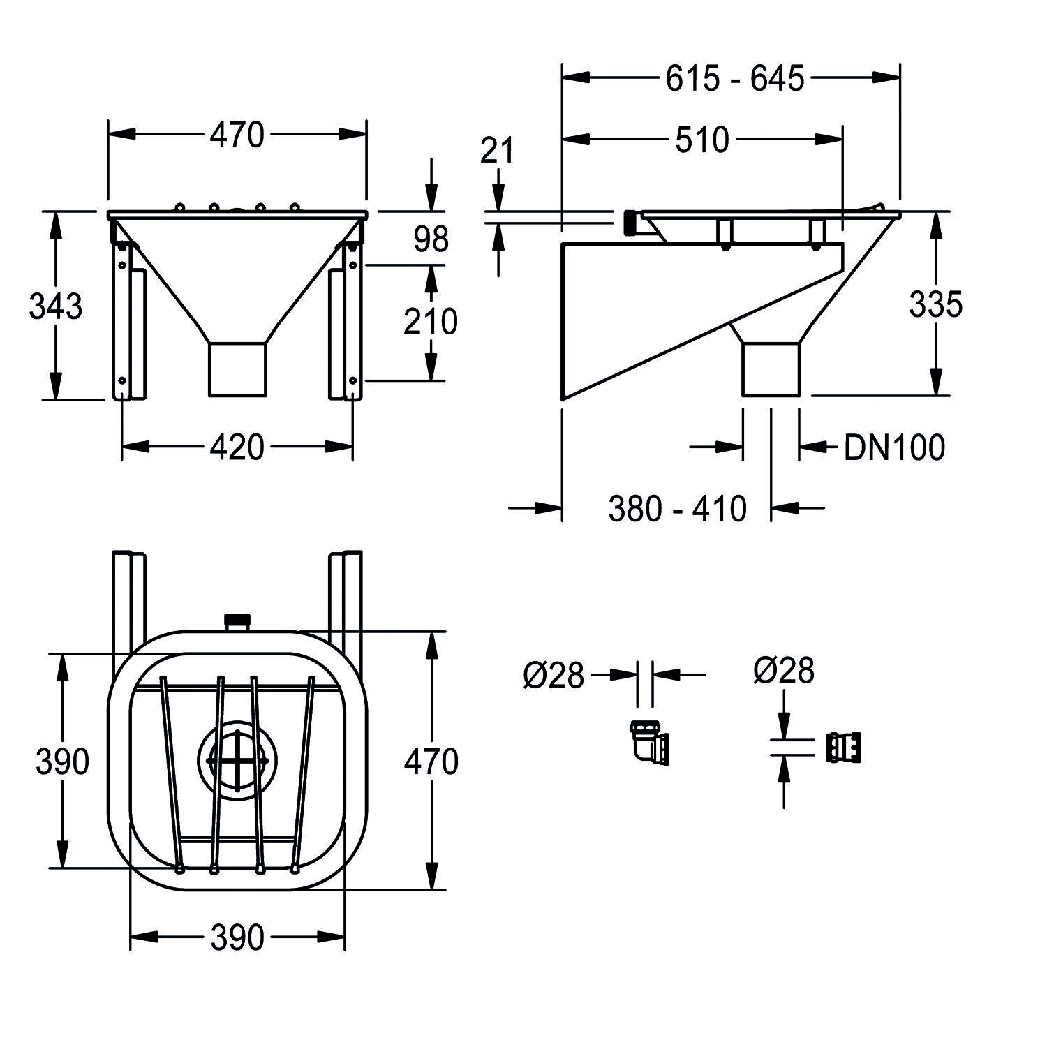 Technische Zeichnung einer rechteckigen Spüle mit Ablauf hinten. Abmessungen umfassen 615-645 mm Breite, 343 mm Tiefe und 380-410 mm Höhe.