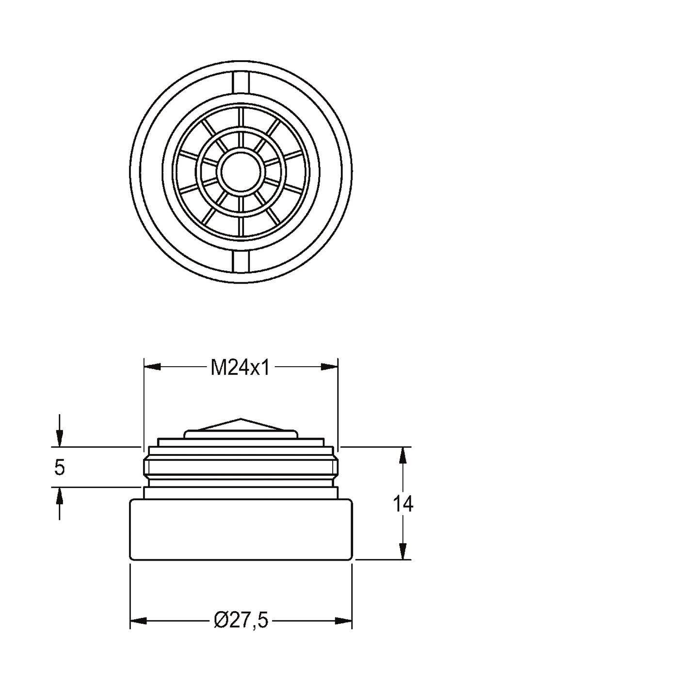 Technische Zeichnung einer kreisförmigen Gewindebaugruppe mit Draufsicht und Seitenansicht, gekennzeichnet mit M24x1, 27,5 mm Durchmesser, 14 mm Höhe und 5 mm Schnitt.