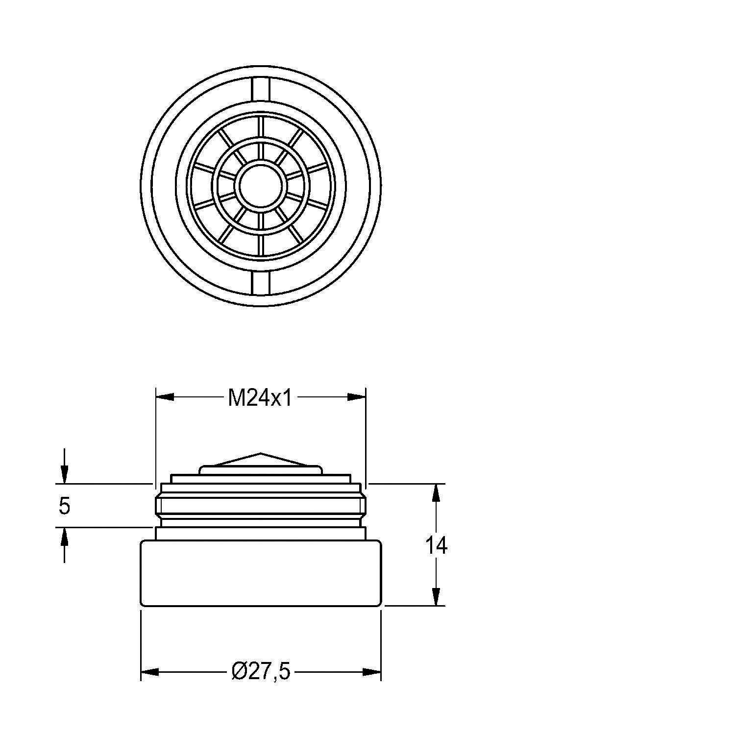 Technische Zeichnung eines zylindrischen Objekts, M24x1 Gewinde, 14 mm Höhe, mit einem 5 mm hohen vertikalen Oberteil und einer Basisdurchmesser von 27,5 mm.