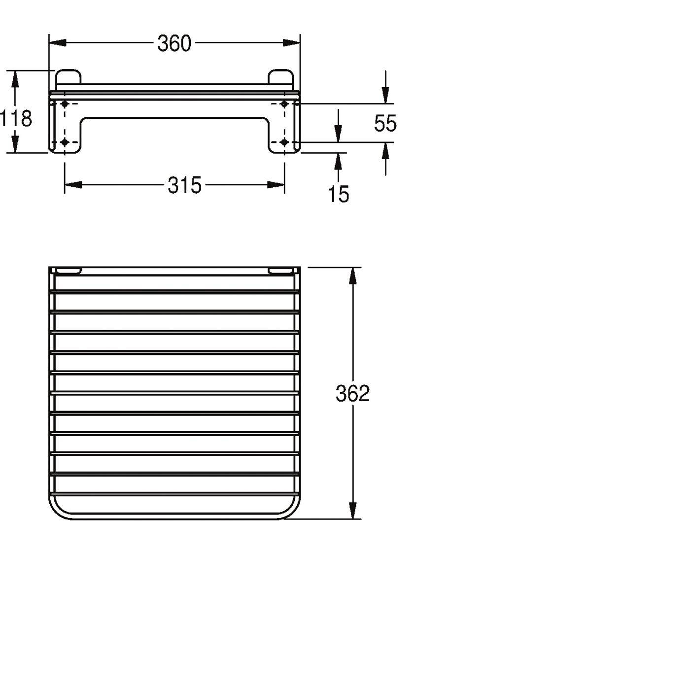 Bemaßte technische Zeichnung einer Lamellenlüftungsabdeckung aus Rechteck: 360 mm breit, 362 mm hoch, mit 315 mm innerer Spannweite und 118 mm/55 mm/15 mm Profilmessungen.