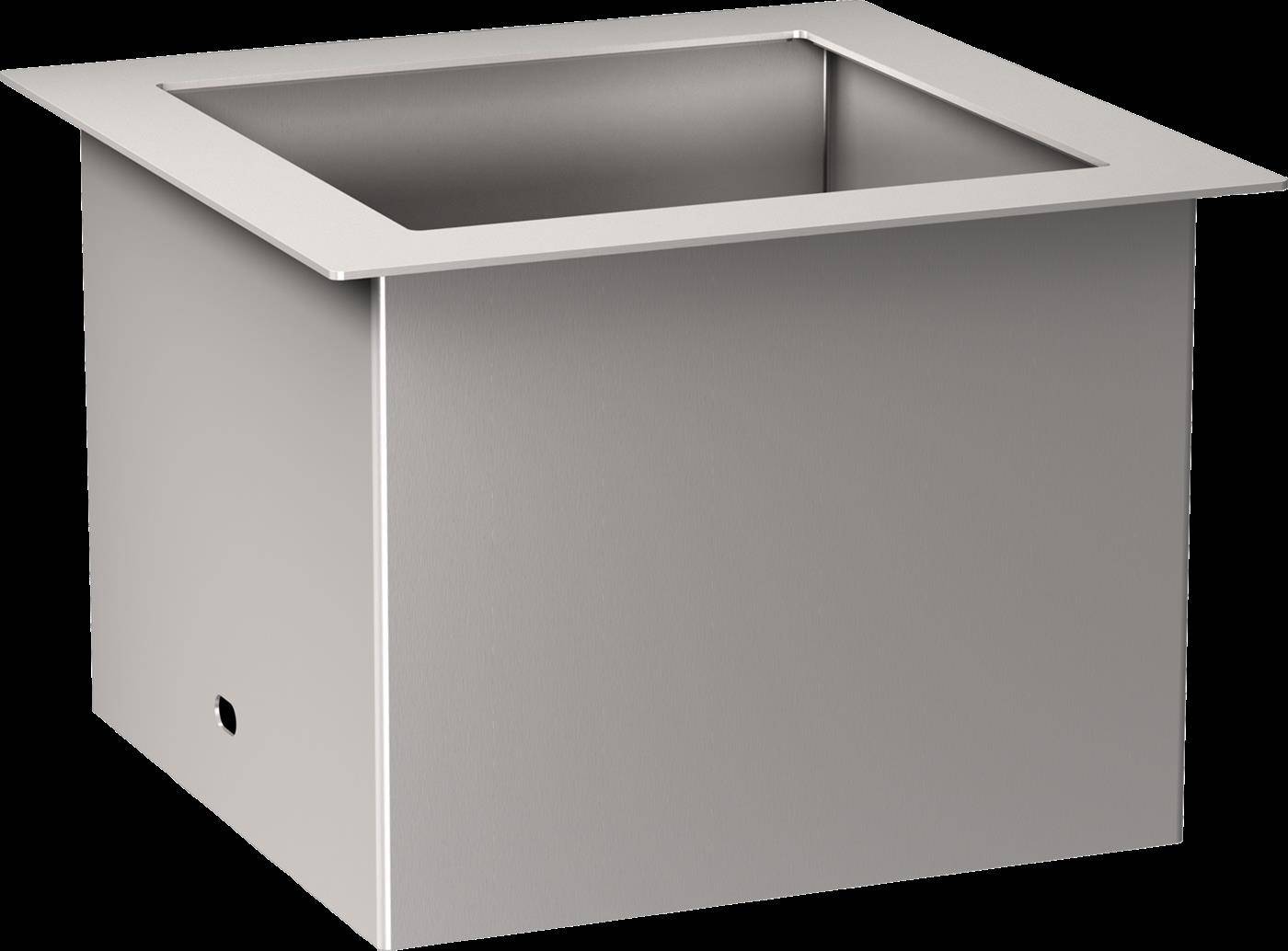 Edelstahlbecken zum Einbauen mit quadratischer Form, breitem Rand und offener Oberseite.