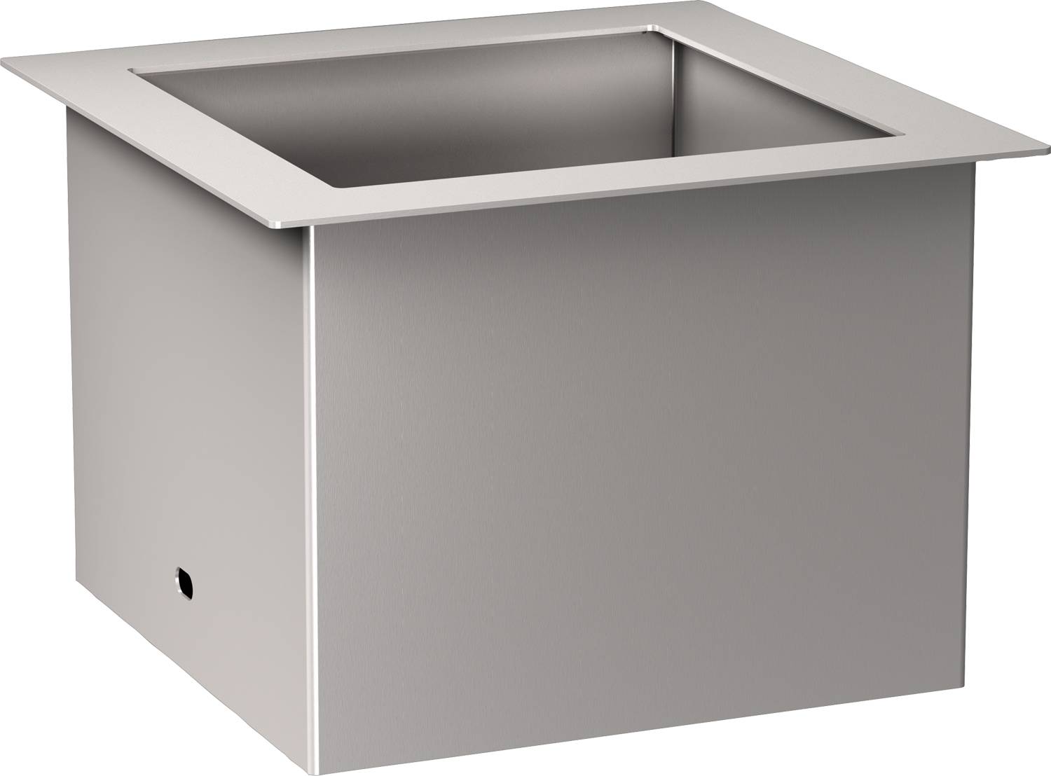 Ein grauer, rechteckiger Metallbehälter mit offener Oberseite, der in einem Winkel positioniert ist, sodass zwei Seiten sichtbar sind.