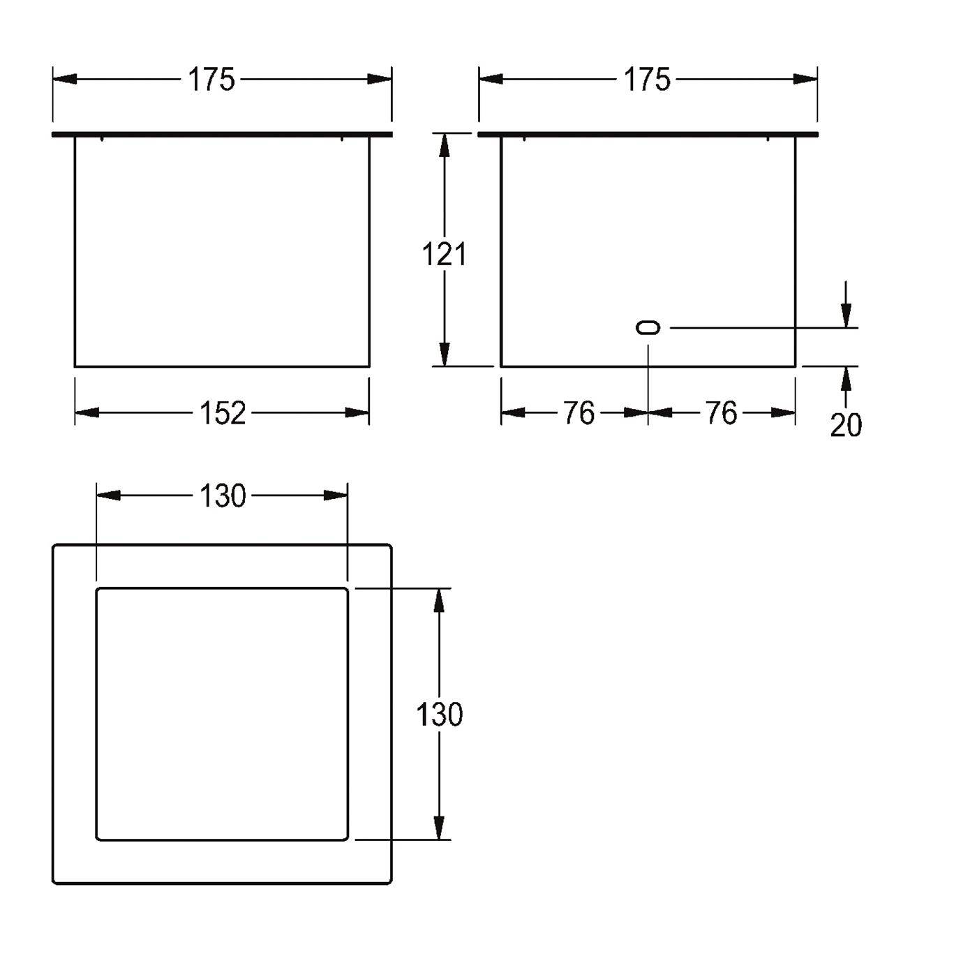 Technische Maßzeichnung eines quadratischen Panels: 175 mm breit, 121 mm hoch, mit einer unteren Breite von 152 mm, innerem Quadrat von 130 mm und einem 20 mm Versatz-Loch/Schlitz markiert.