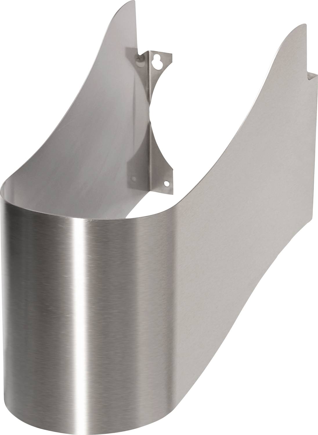 Eine Metallhalterung mit einer glatten, geschwungenen Gestaltung, ausgestattet mit Befestigungslöchern und einer reflektierenden Oberfläche, vor einem schlichten schwarzen Hintergrund.