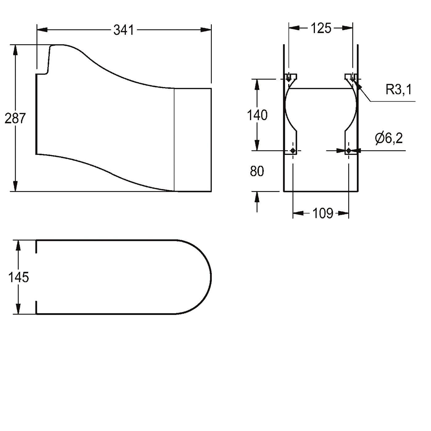 Technische Zeichnung eines gepolsterten Teils mit drei orthografischen Ansichten und Abmessungen, einschließlich 341 x 287 mm Seitenprofil, 145 mm Draufsicht und 125 mm Breite mit Bohrungen, die als R3.1 und ø6.2 gekennzeichnet sind.