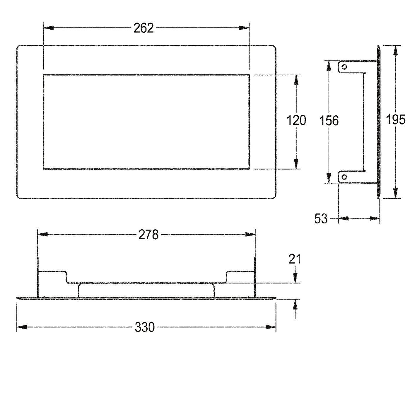 Technische Maßzeichnung eines rechteckigen Panels mit Ausschnitt, zeigt Draufsicht, Seitenansicht und Vorderansicht mit Abmessungen 262, 278, 330, 120, 156, 195, 53 und 21.